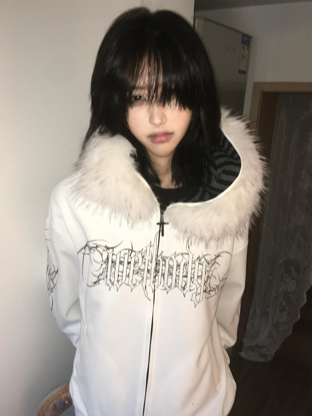 Alita26SS Faux Fur Trim Print Loose Fit Women's Cotton Fleece Zip-up Hoodies