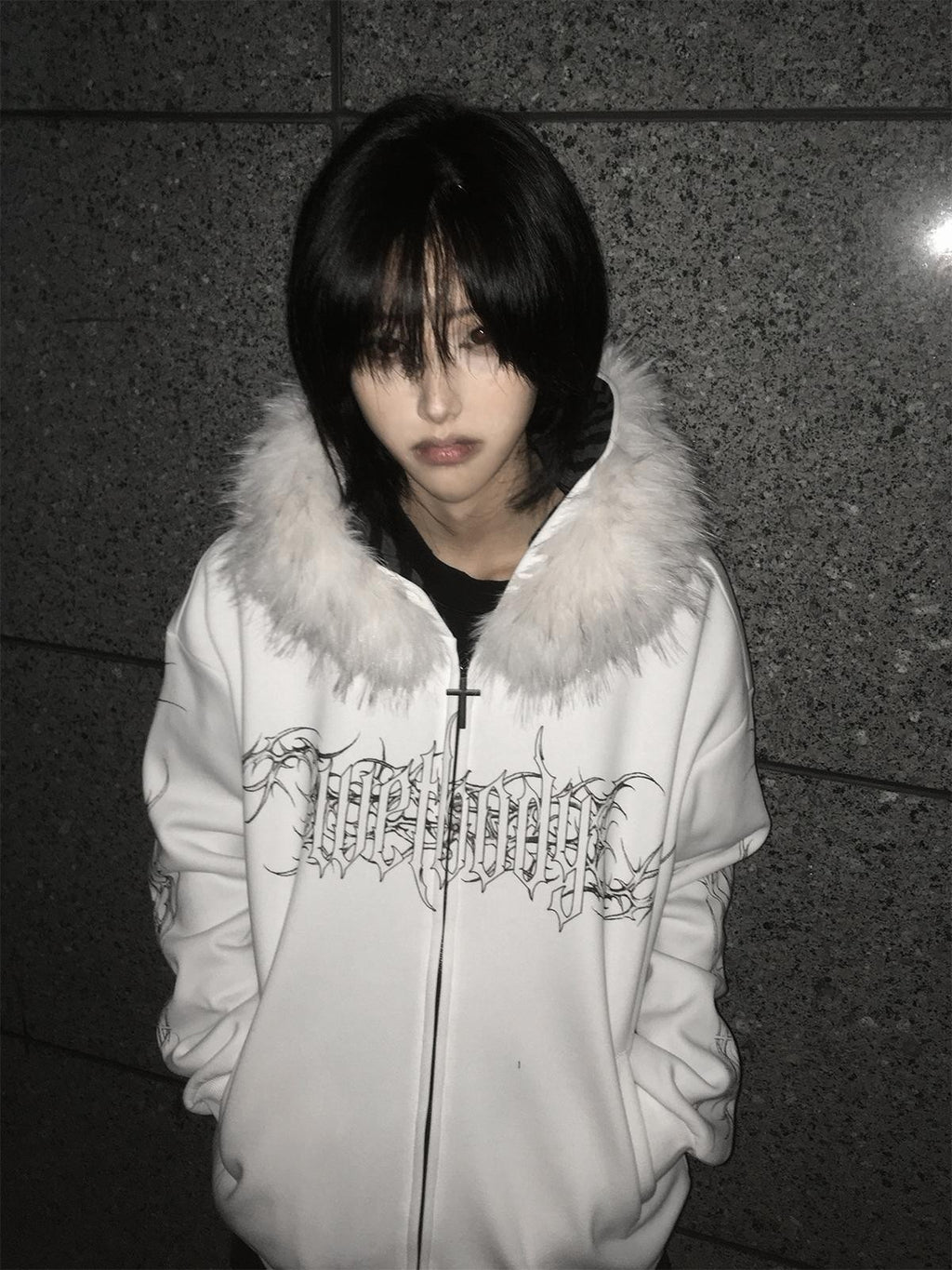 Alita26SS Faux Fur Trim Print Loose Fit Women's Cotton Fleece Zip-up Hoodies