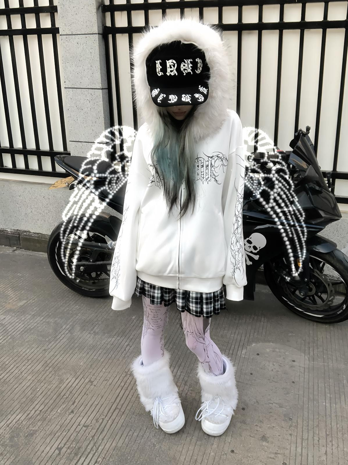 Alita26SS Faux Fur Trim Print Loose Fit Women's Cotton Fleece Zip-up Hoodies