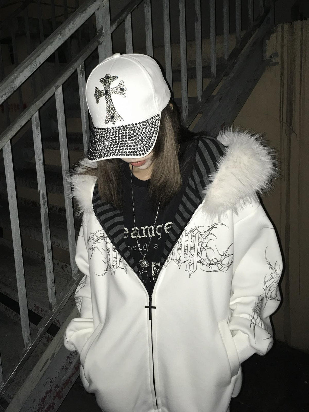Alita26SS Faux Fur Trim Print Loose Fit Women's Cotton Fleece Zip-up Hoodies