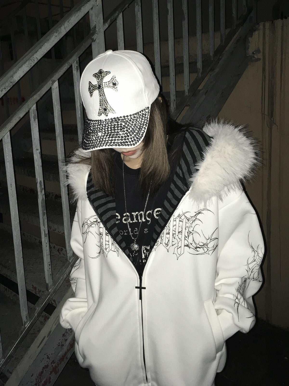 Alita26SS Faux Fur Trim Print Loose Fit Women's Cotton Fleece Zip-up Hoodies
