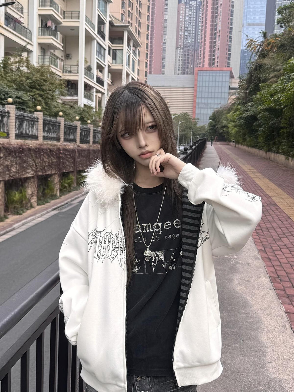 Alita26SS Faux Fur Trim Print Loose Fit Women's Cotton Fleece Zip-up Hoodies