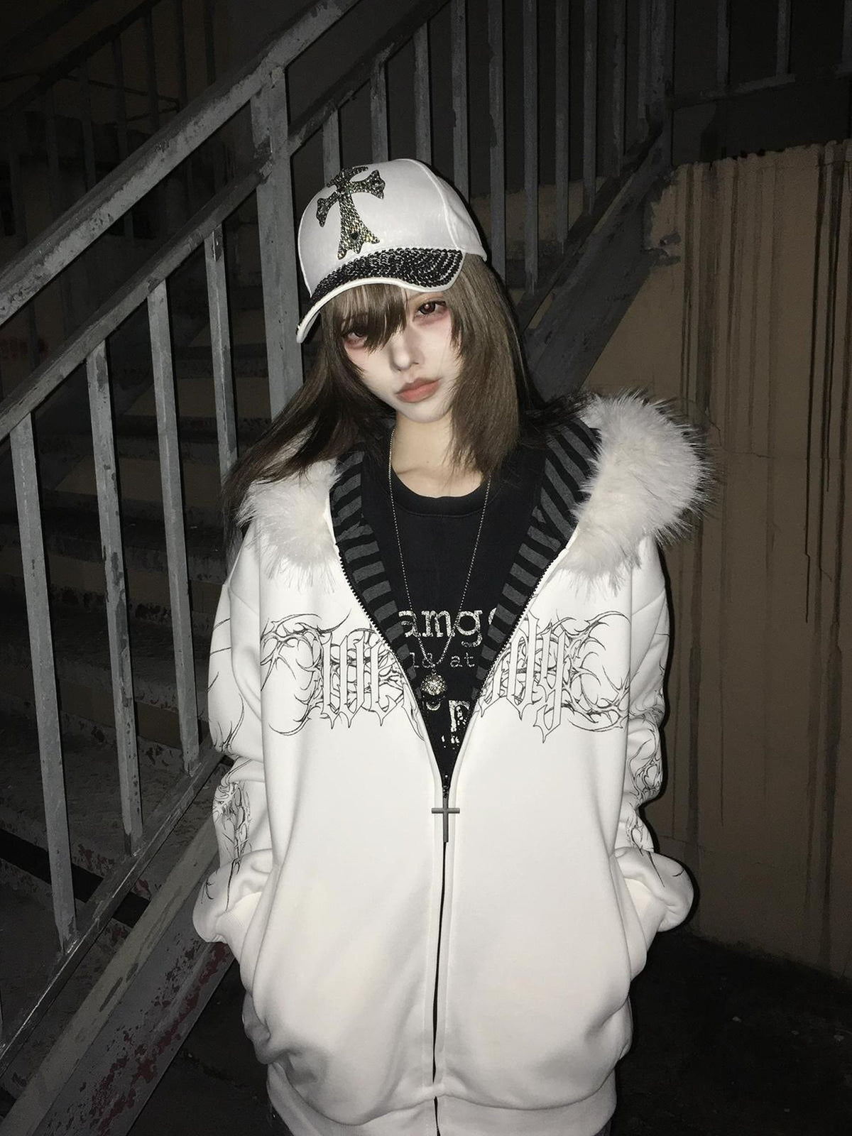 Alita26SS Faux Fur Trim Print Loose Fit Women's Cotton Fleece Zip-up Hoodies