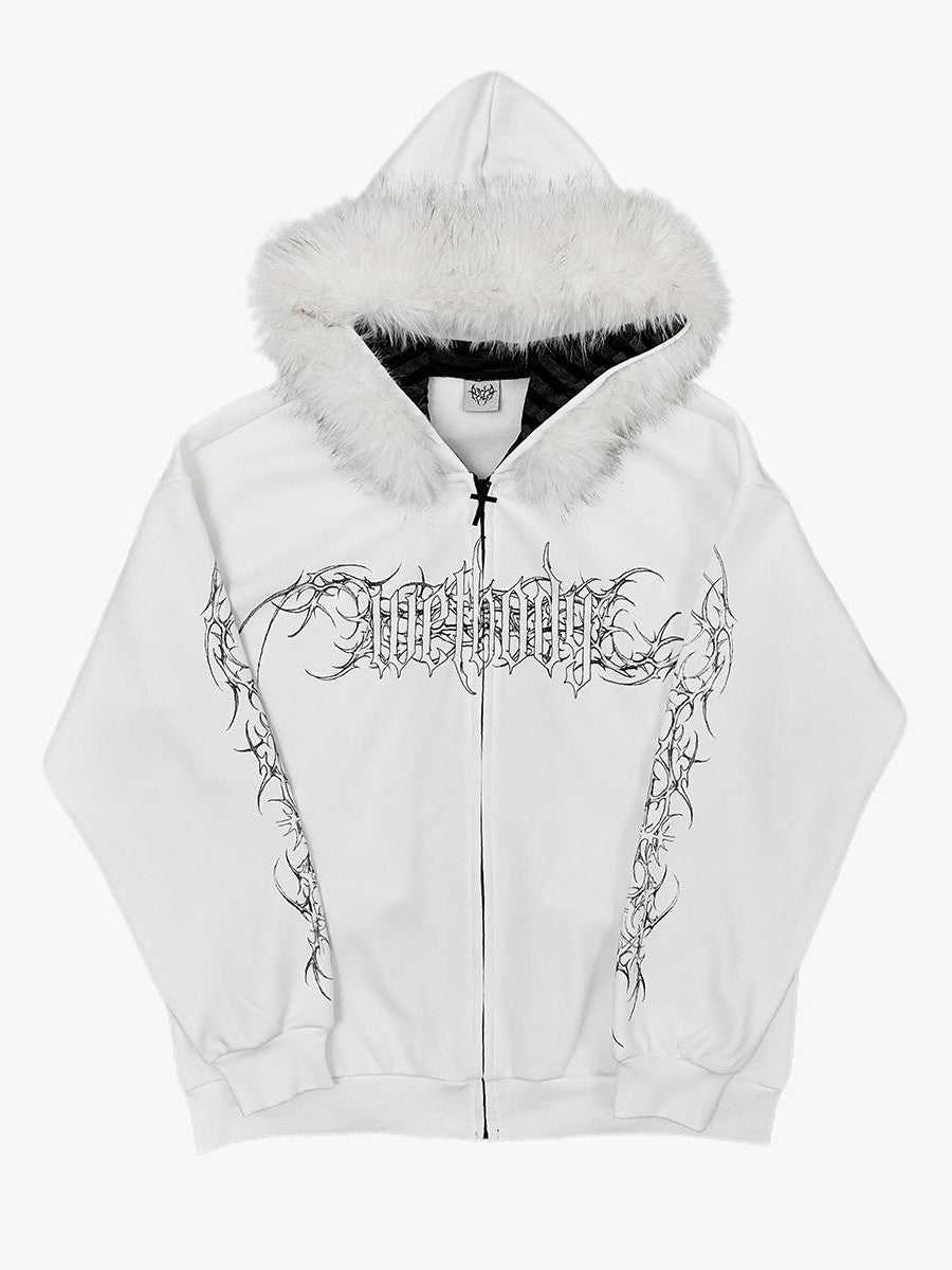 Alita26SS Faux Fur Trim Print Loose Fit Women's Cotton Fleece Zip-up Hoodies