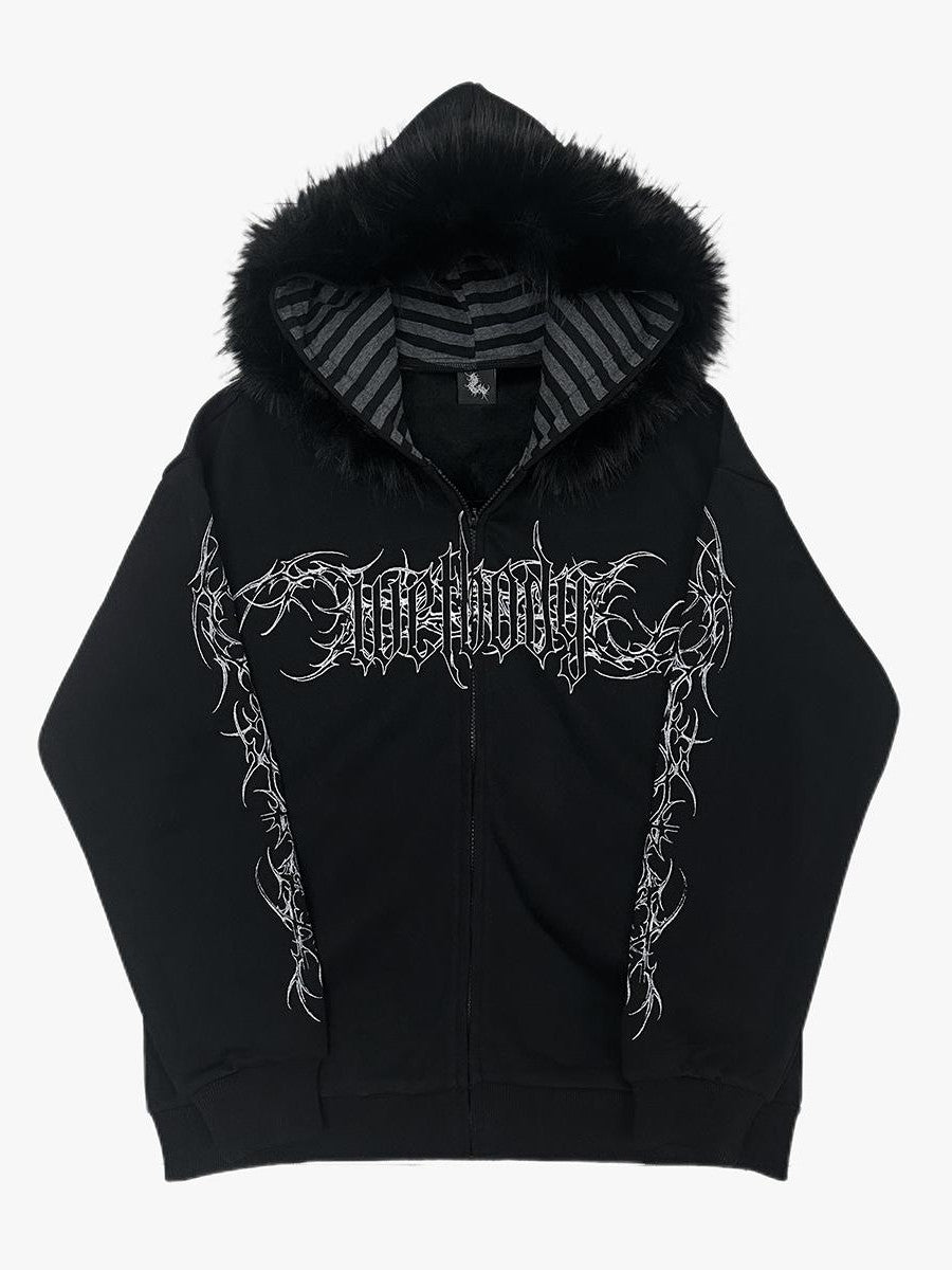 Alita26SS Faux Fur Trim Print Loose Fit Women's Cotton Fleece Zip-up Hoodies