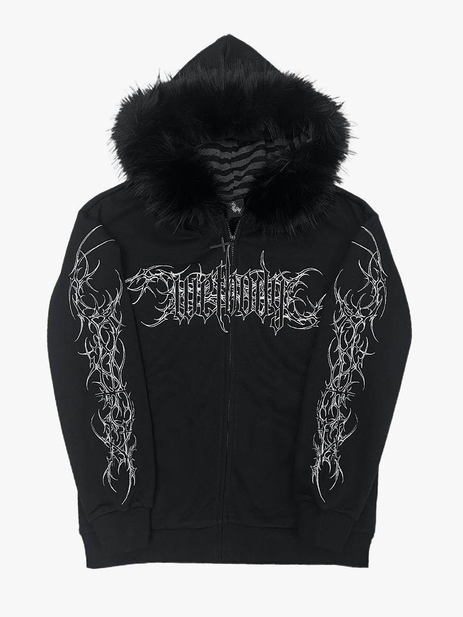 Alita26SS Faux Fur Trim Print Loose Fit Women's Cotton Fleece Zip-up Hoodies