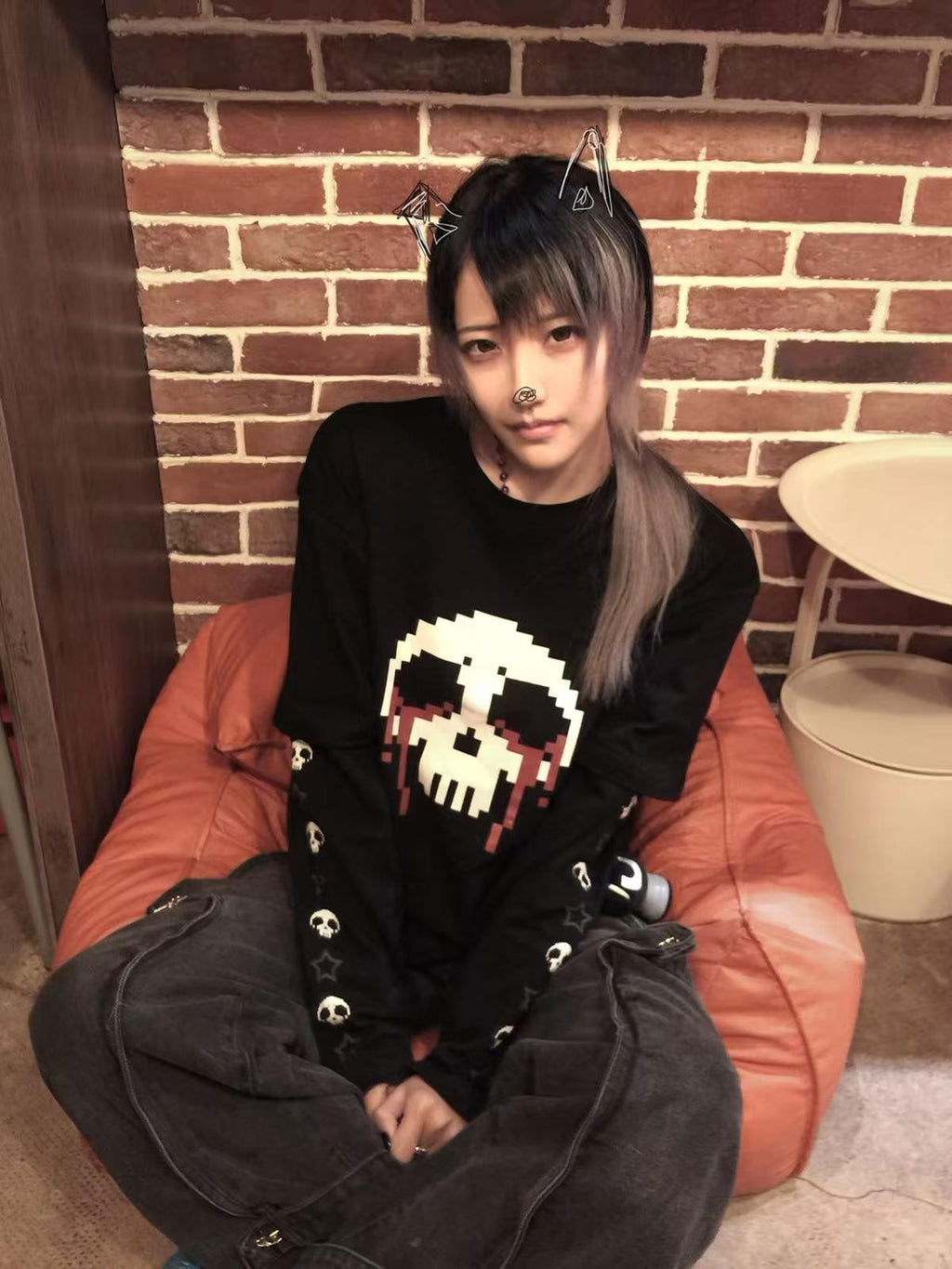 Alita26SS Faux Layered Striped Print Skull Graphic Women's Cotton Long Sleeve T-shirts