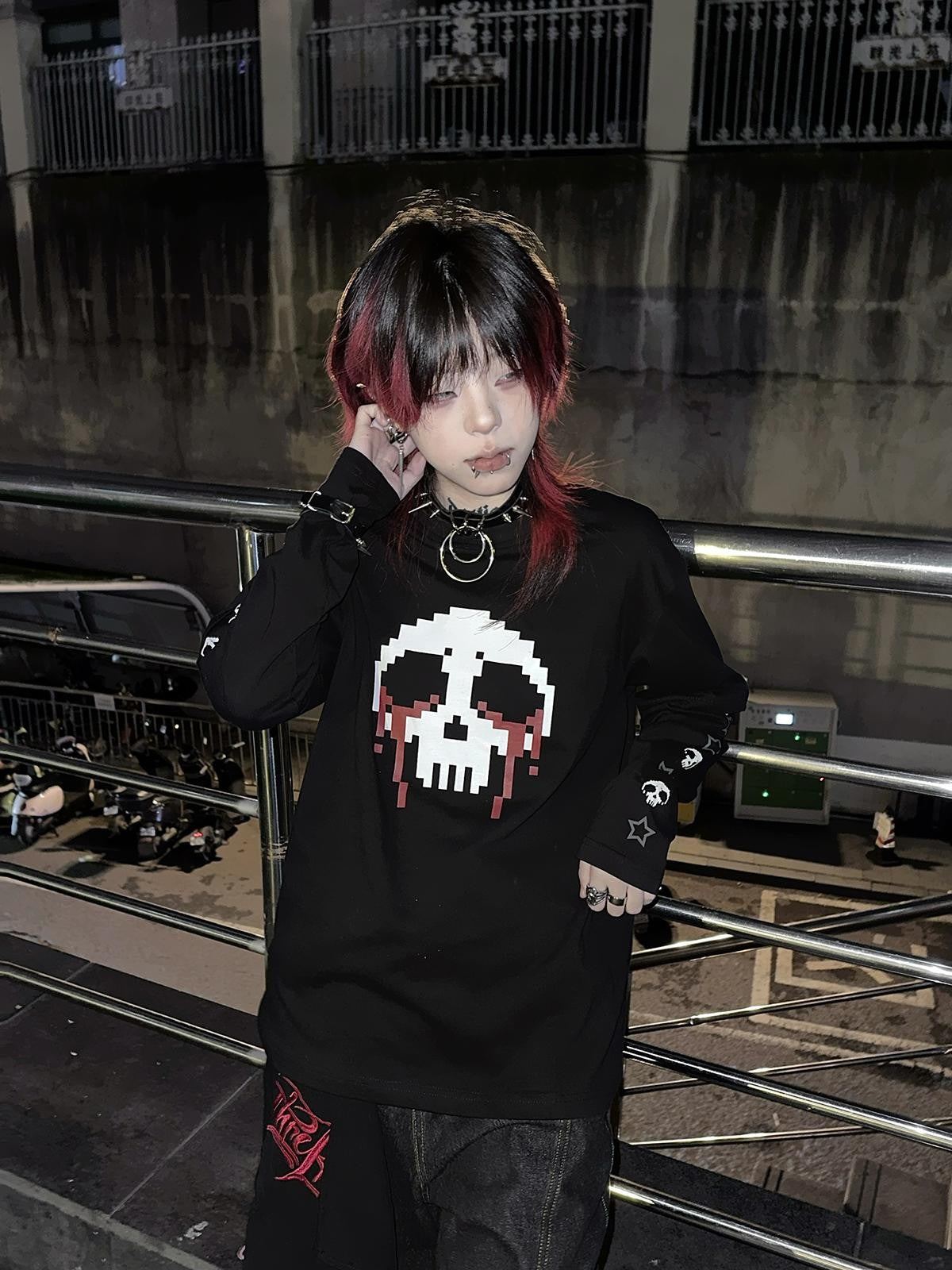 Alita26SS Faux Layered Striped Print Skull Graphic Women's Cotton Long Sleeve T-shirts