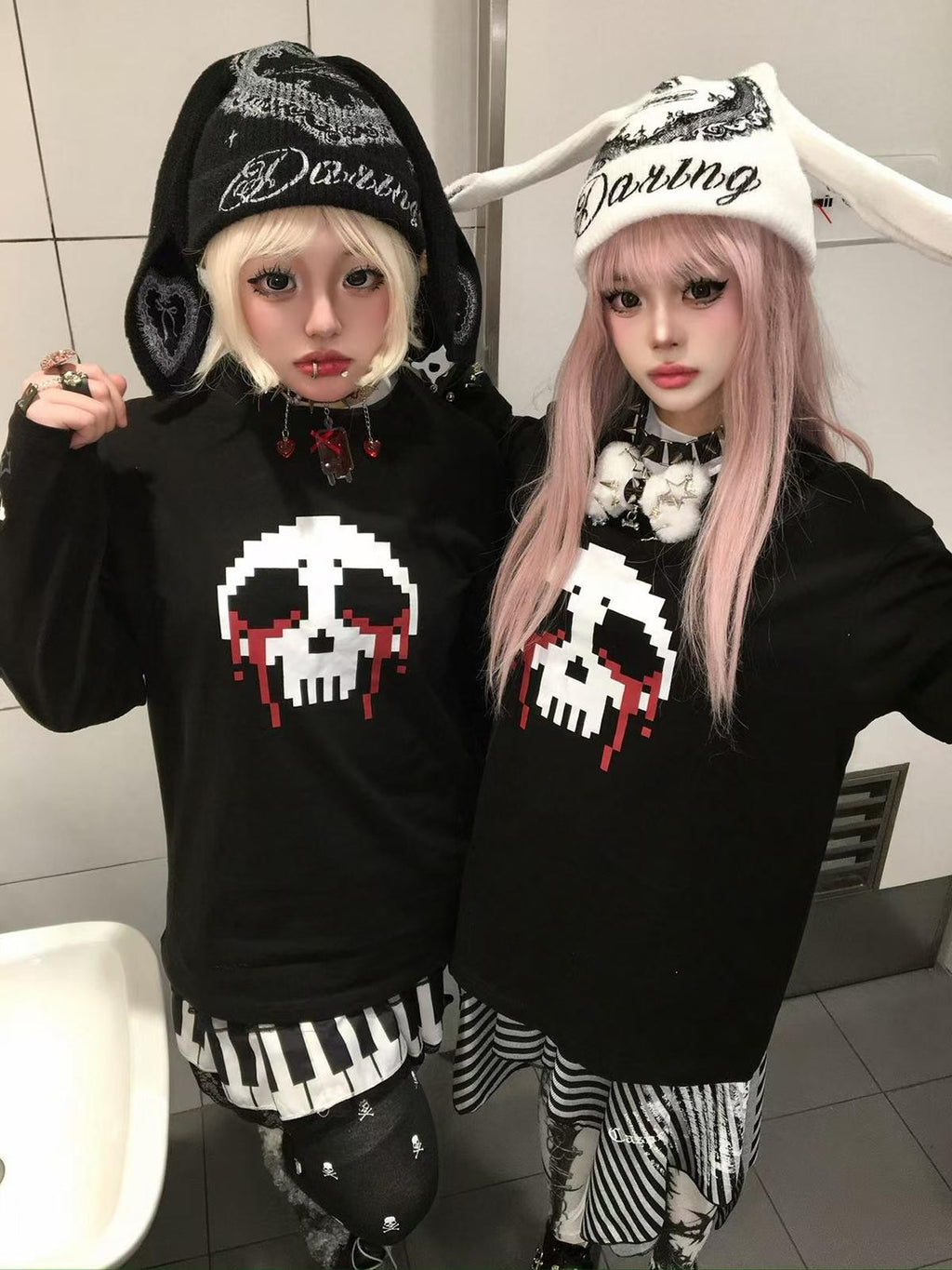 Alita26SS Faux Layered Striped Print Skull Graphic Women's Cotton Long Sleeve T-shirts