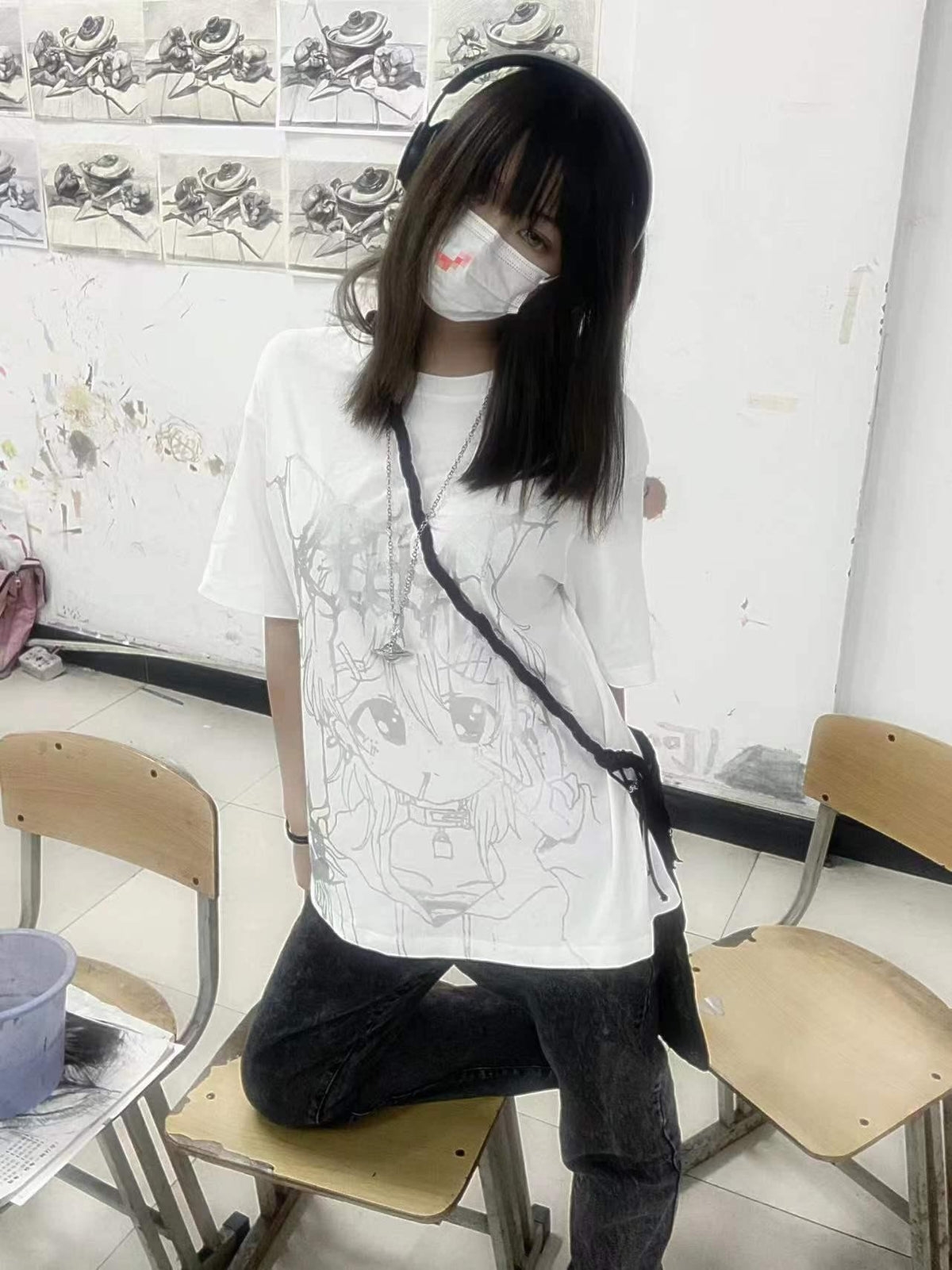 Alita26SS Glow Print Anime Cartoon Women's Cotton Graphic T-shirts