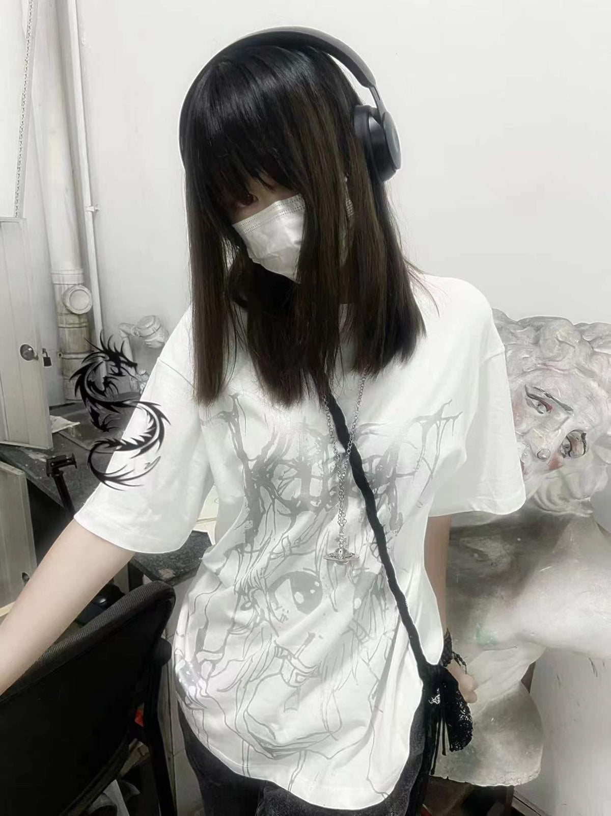 Alita26SS Glow Print Anime Cartoon Women's Cotton Graphic T-shirts