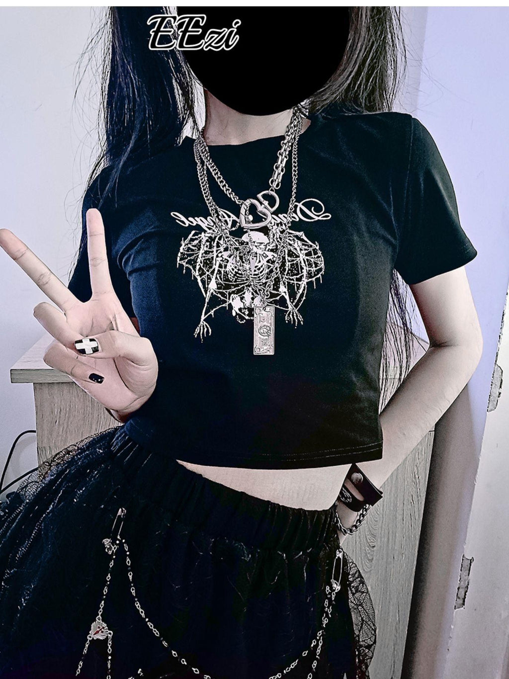 Alita26SS Goth Heart Skull Print Rock Punk Slim Fit Women's Cotton Crop Tops