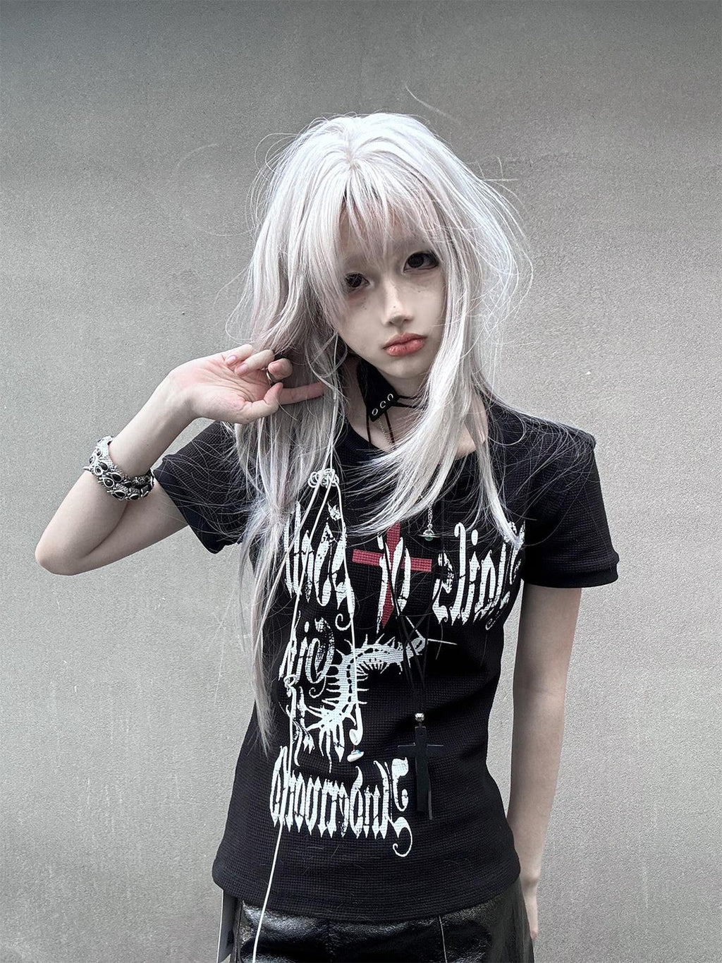 Alita26SS Gothic Cross Graphic Y2k Women's Cotton Crop Slim T-shirts