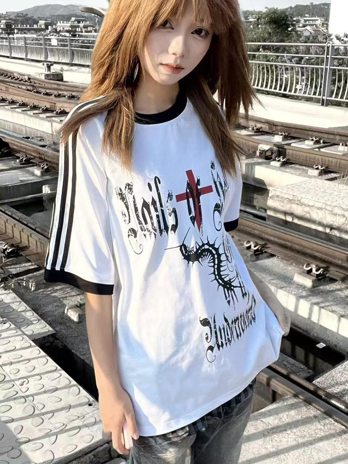 Alita26SS Gothic Stripe Letter Print Loose Fit Cotton Women's Short Sleeve T-shirts