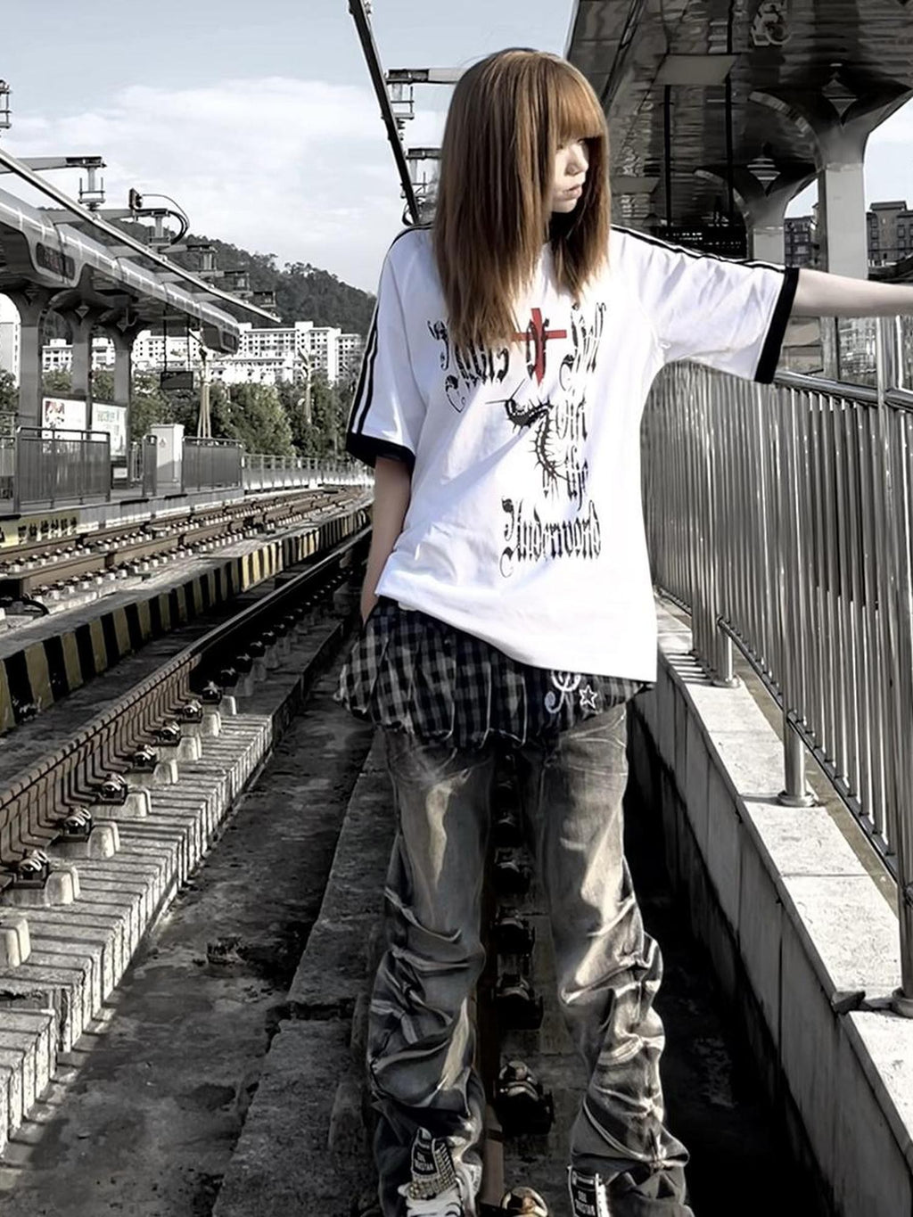 Alita26SS Gothic Stripe Letter Print Loose Fit Cotton Women's Short Sleeve T-shirts