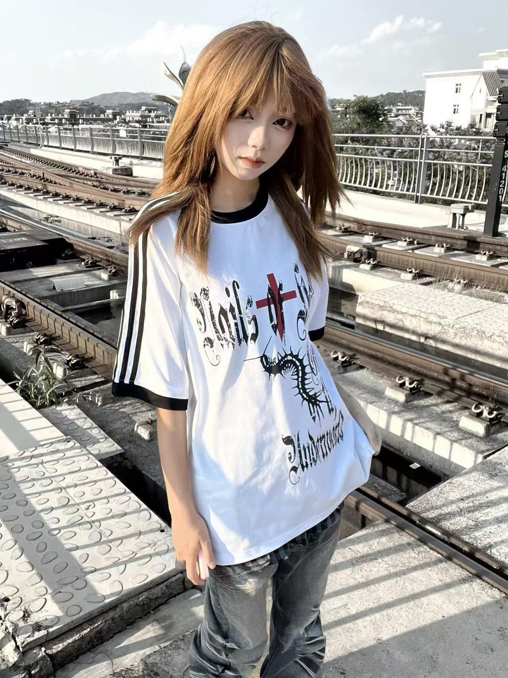 Alita26SS Gothic Stripe Letter Print Loose Fit Cotton Women's Short Sleeve T-shirts