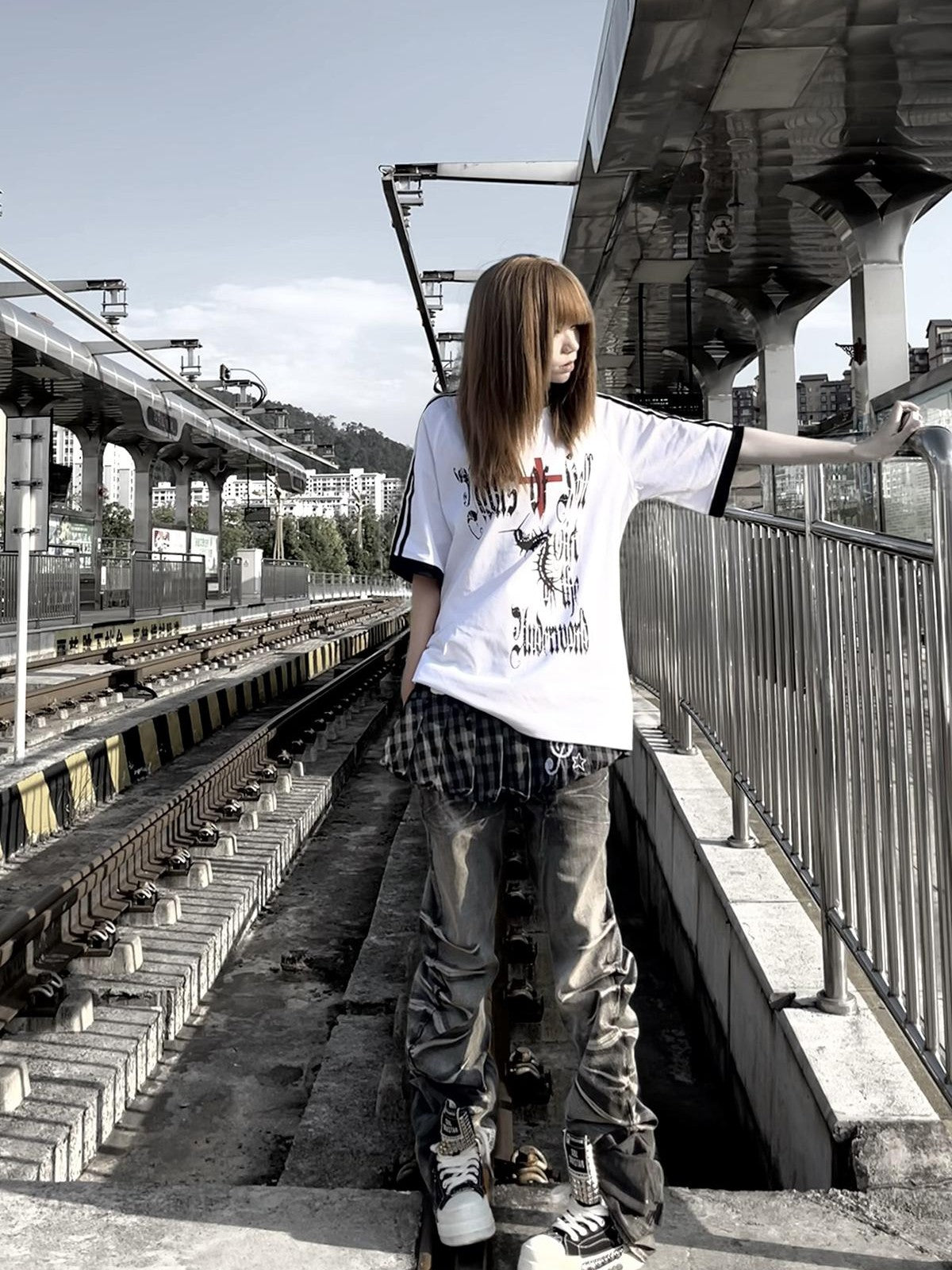 Alita26SS Gothic Stripe Letter Print Loose Fit Cotton Women's Short Sleeve T-shirts