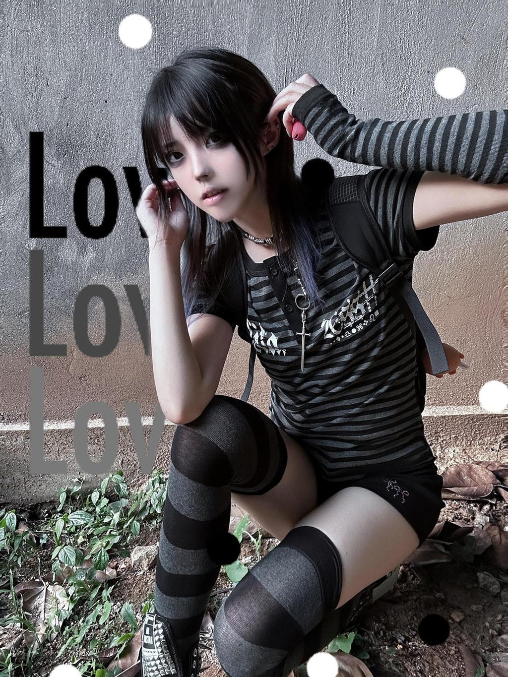 Alita26SS Gothic Y2k Striped Letter Print Cotton Women's Slim T-shirts