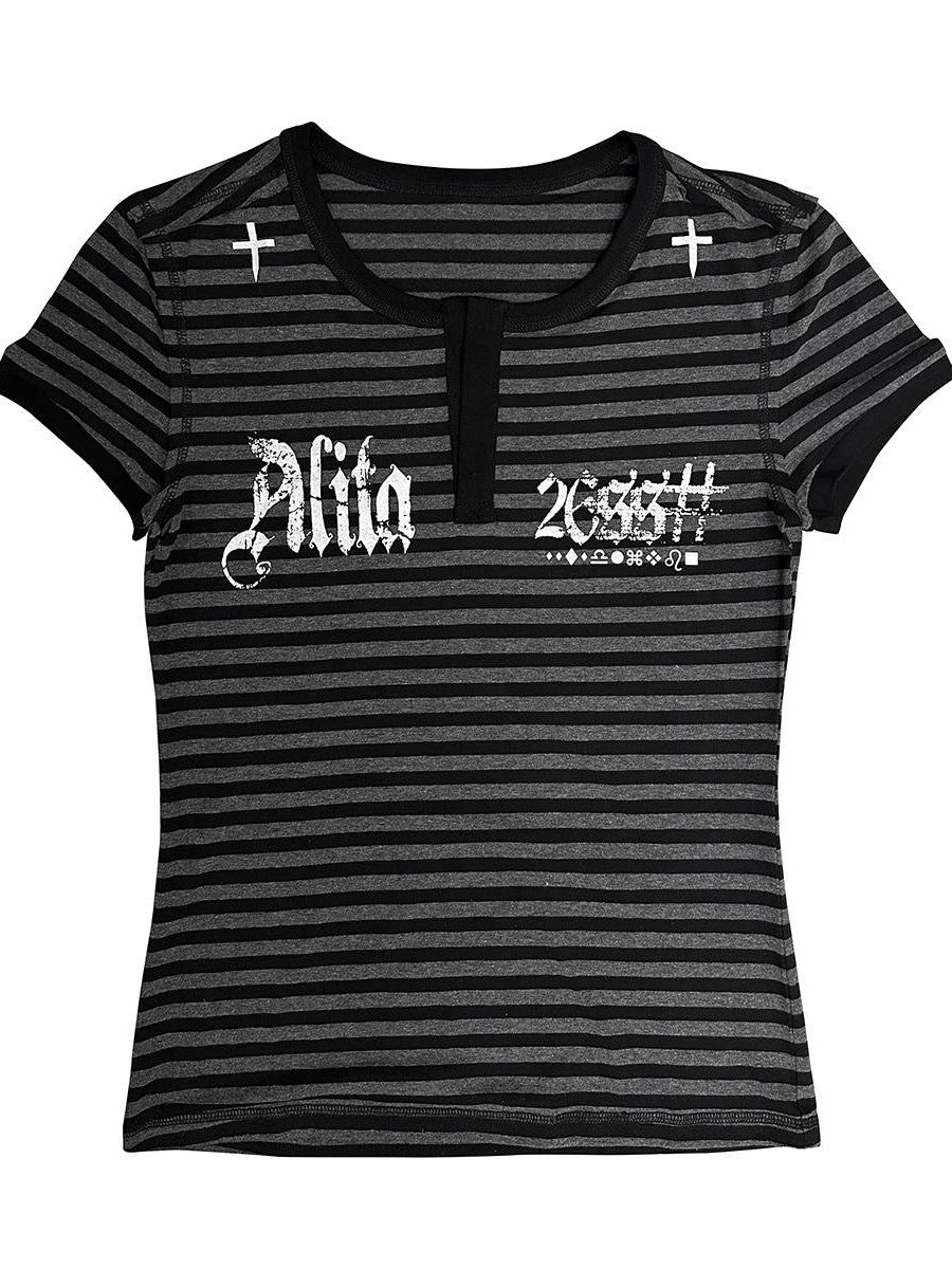 Alita26SS Gothic Y2k Striped Letter Print Cotton Women's Slim T-shirts