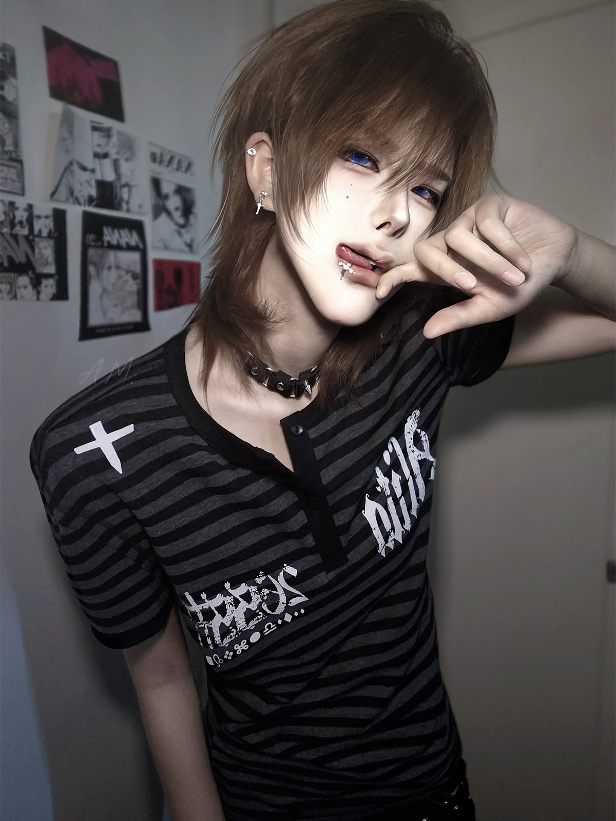 Alita26SS Gothic Y2k Striped Letter Print Cotton Women's Slim T-shirts