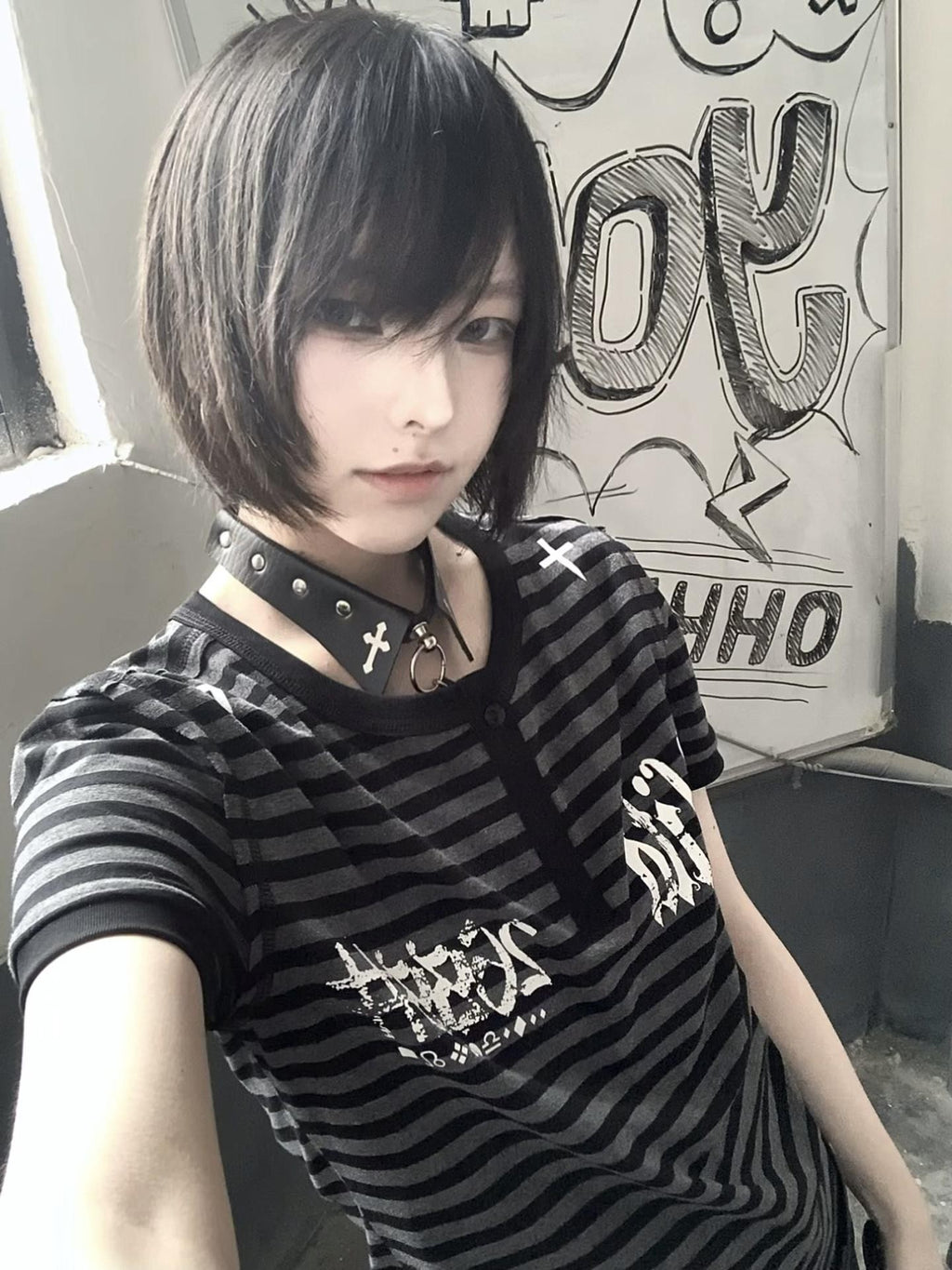 Alita26SS Gothic Y2k Striped Letter Print Cotton Women's Slim T-shirts