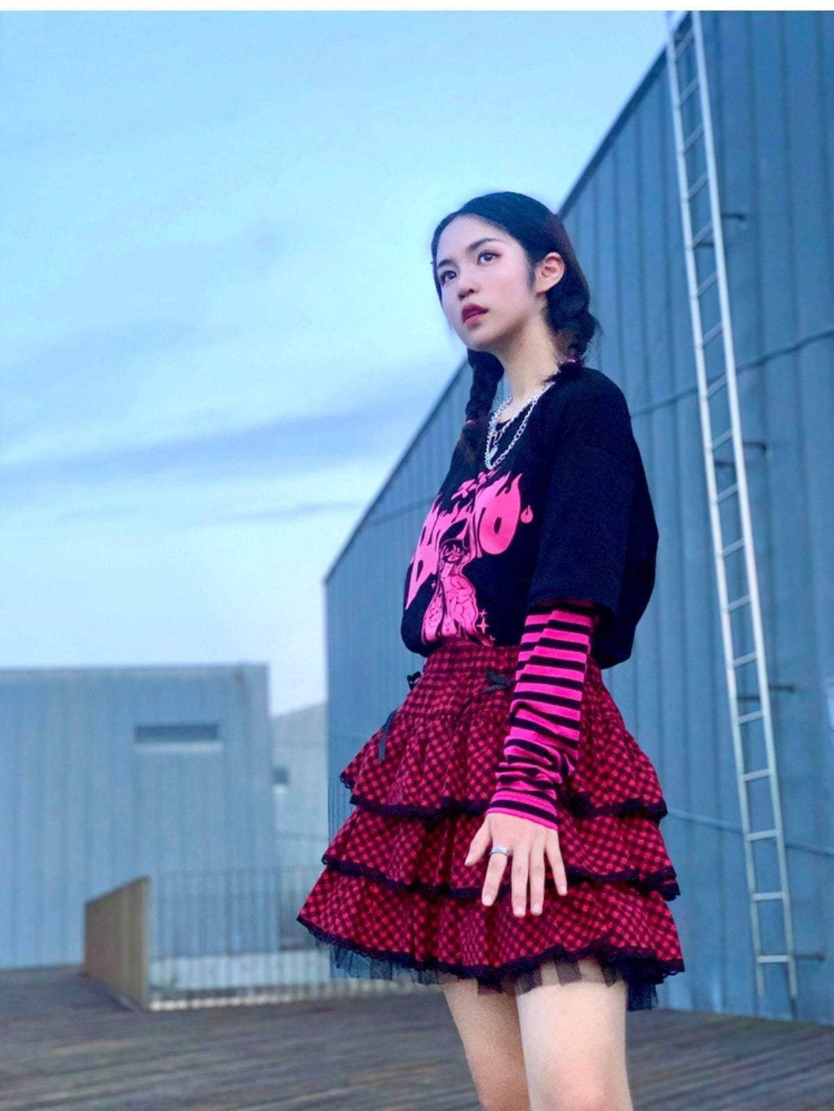 Alita26SS Harajuku Lace Plaid Pleated Sweet Japanese Women's Tiered Skirts