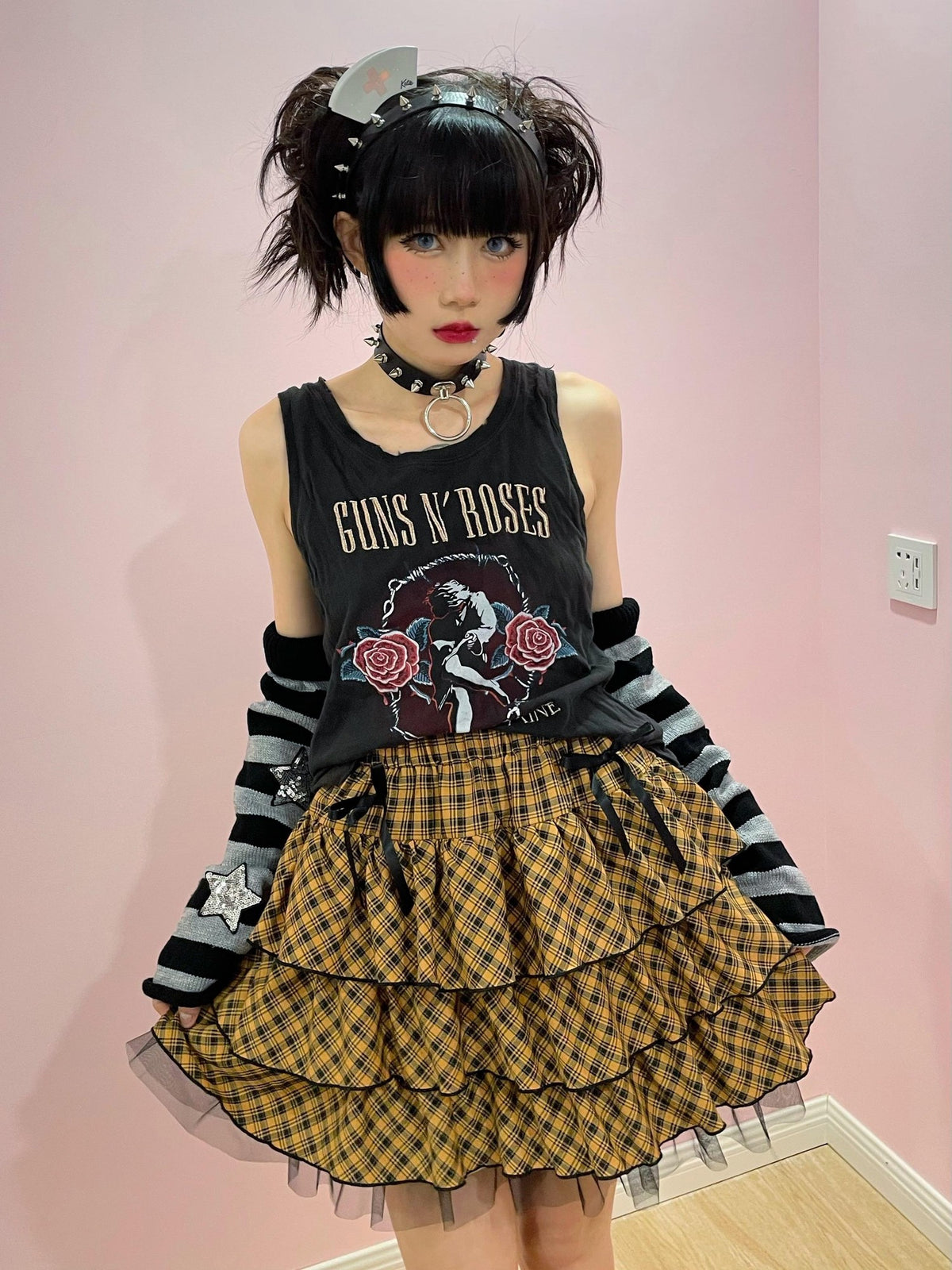 Alita26SS Harajuku Lace Plaid Pleated Sweet Japanese Women's Tiered Skirts