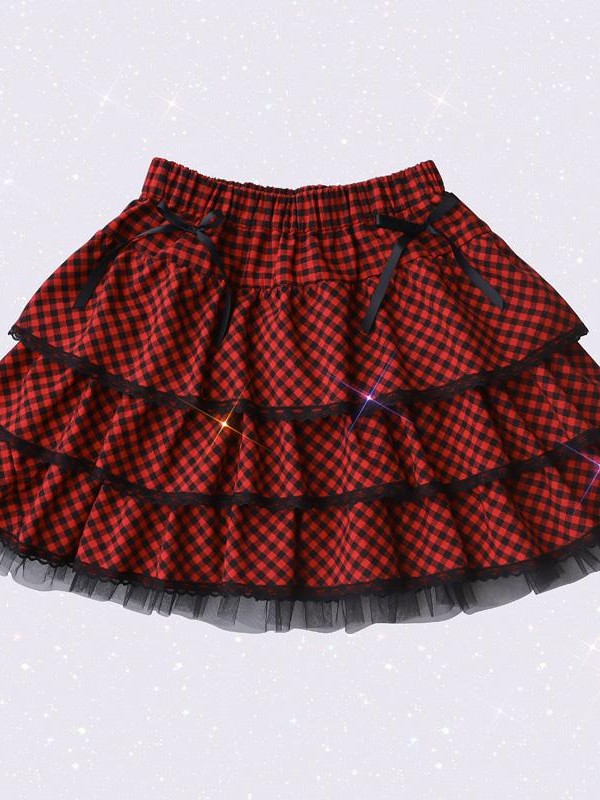 Alita26SS Harajuku Lace Plaid Pleated Sweet Japanese Women's Tiered Skirts