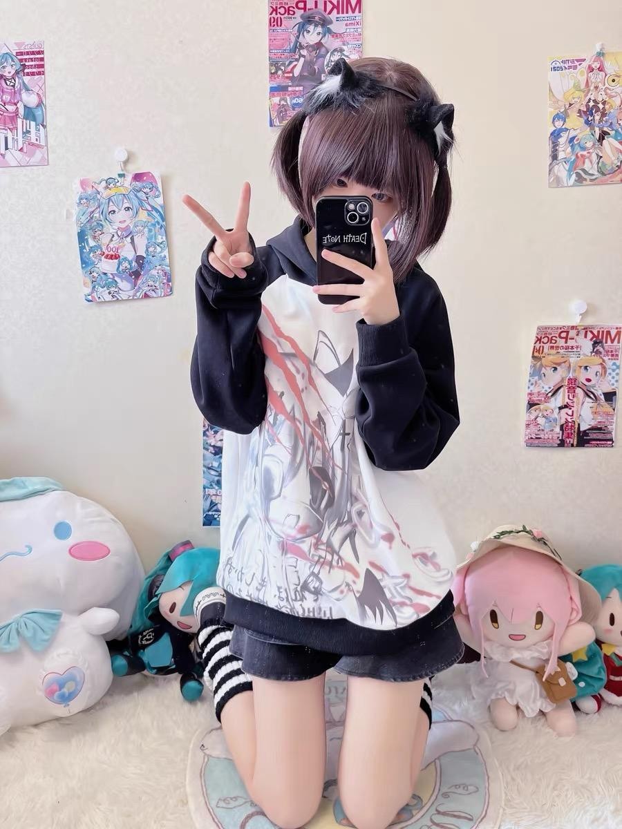 Alita26SS Harajuku Subculture Raglan Sleeve Cartoon Print Loose Fit Cotton Women's Hoodies