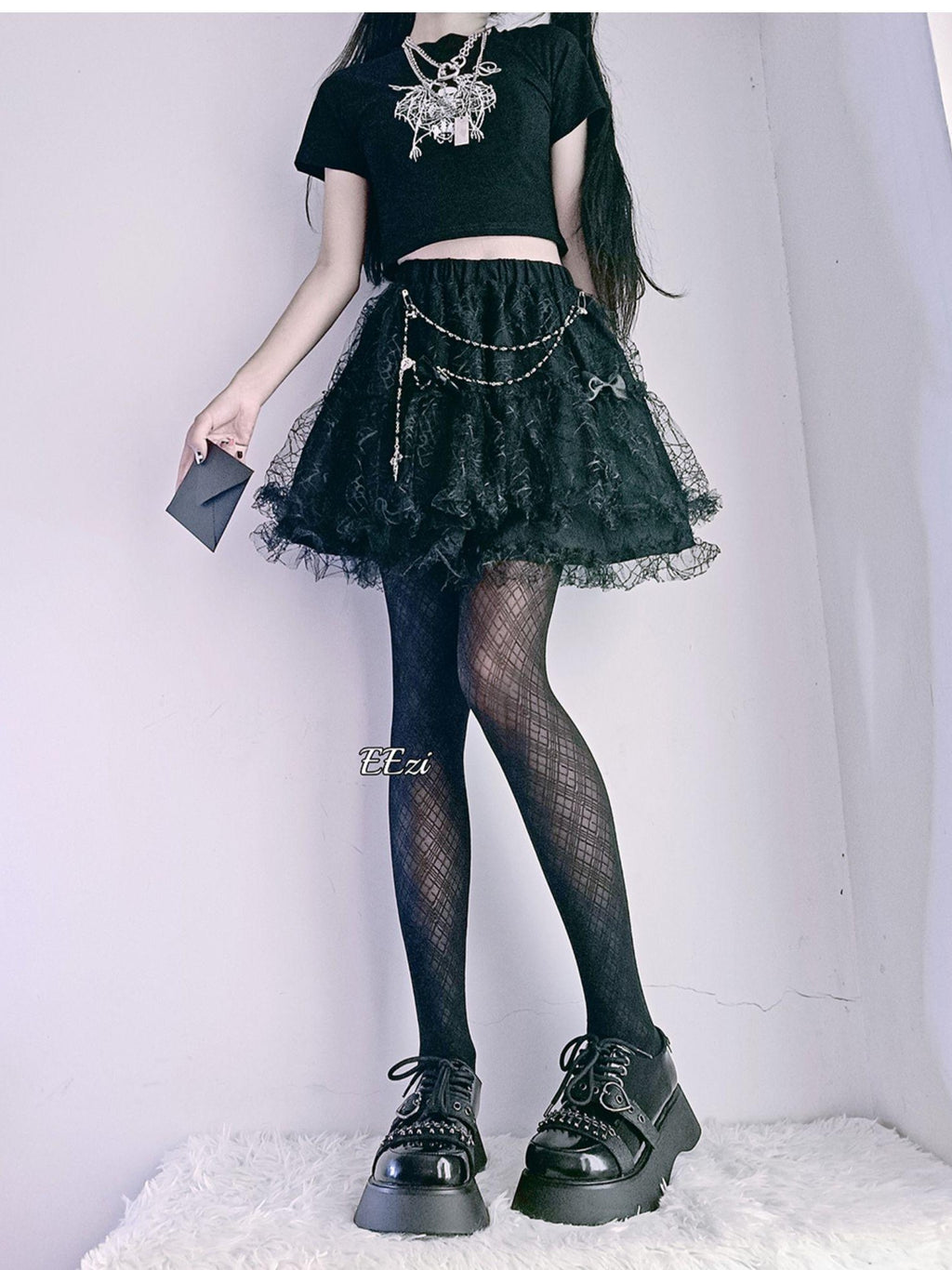 Alita26SS Leopard Print Lace Gothic High Waist A Line Women's Brocade Tiered Skirts