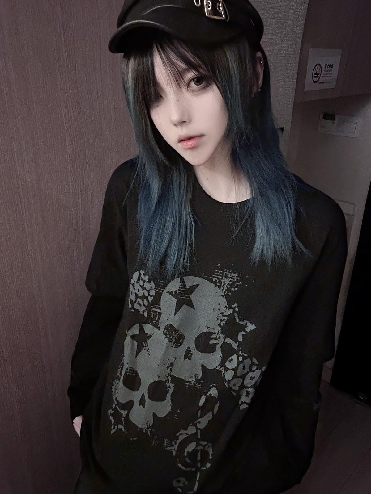 Alita26SS Loose Fit Print Faux Layer Watercolor Women's Cotton Long Sleeve T-shirts
