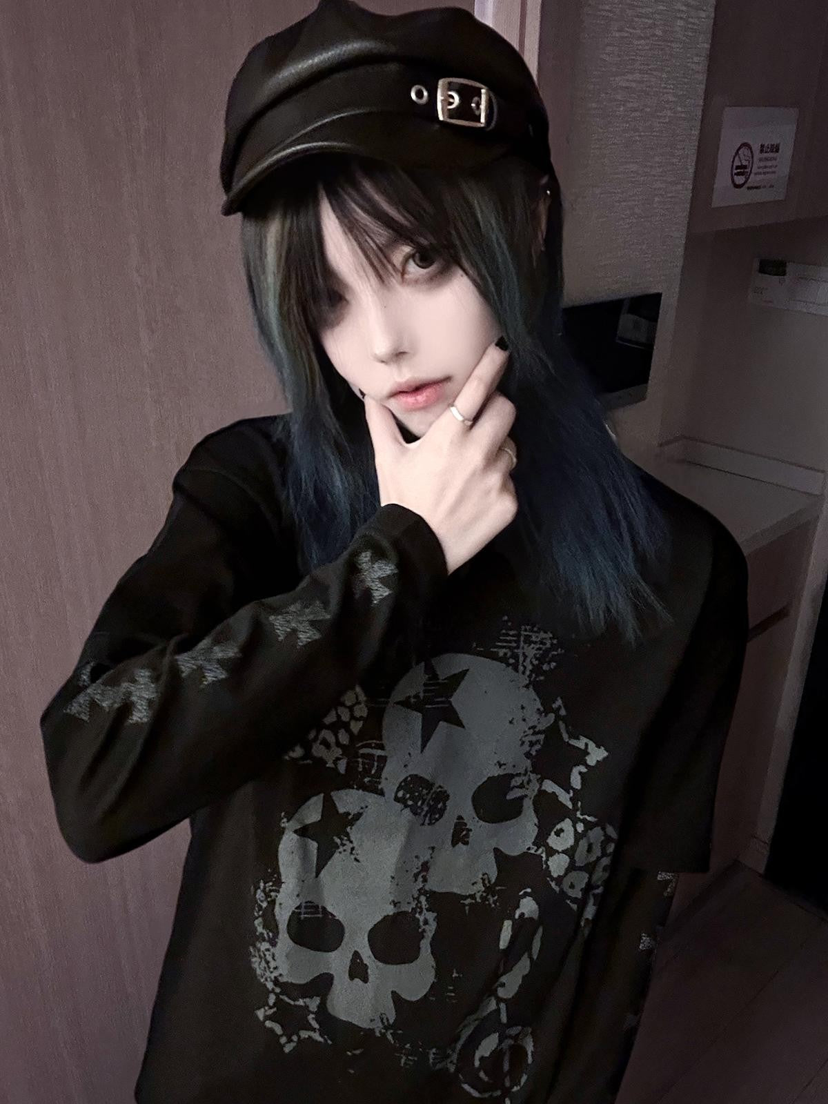Alita26SS Loose Fit Print Faux Layer Watercolor Women's Cotton Long Sleeve T-shirts