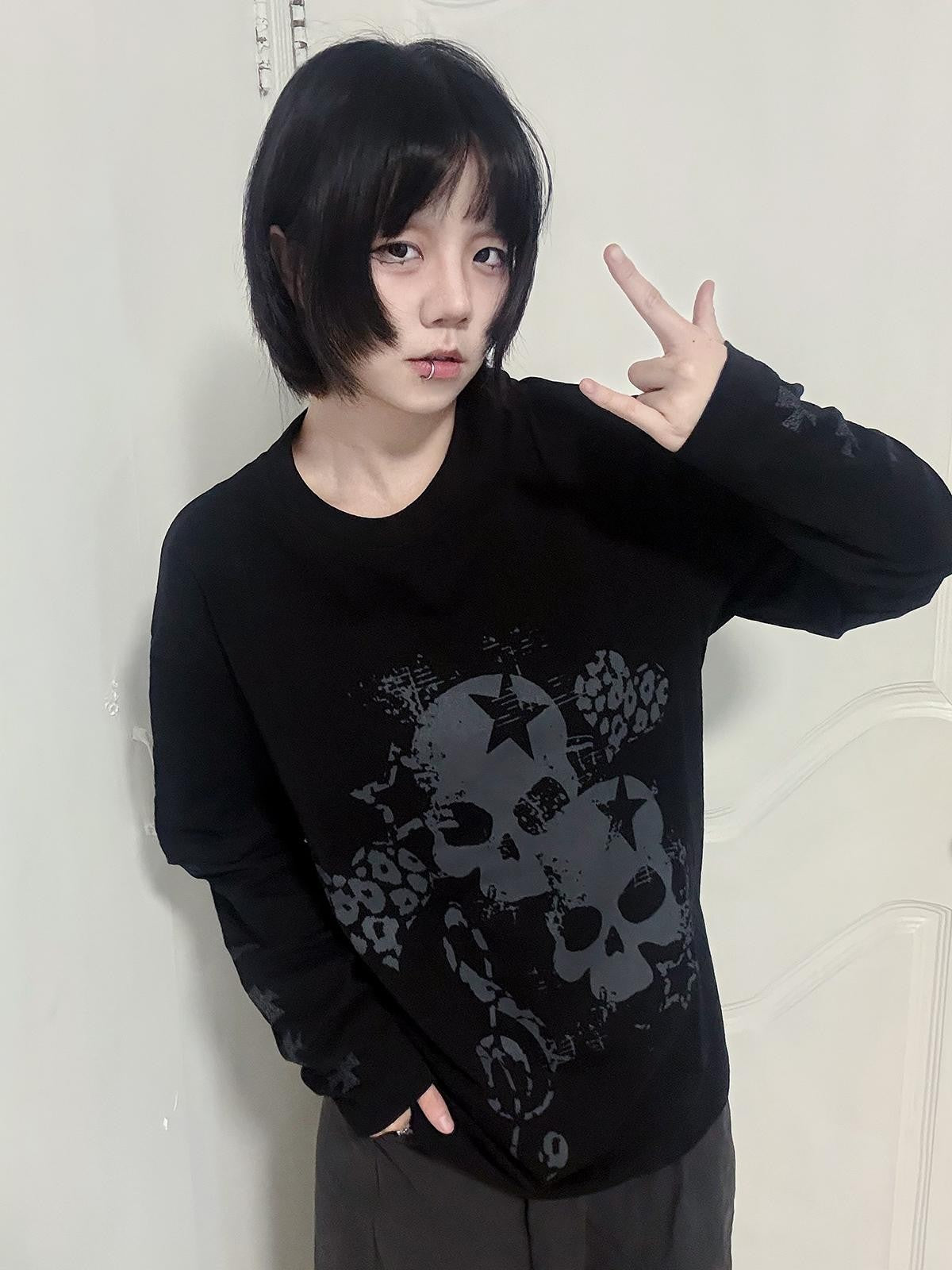 Alita26SS Loose Fit Print Faux Layer Watercolor Women's Cotton Long Sleeve T-shirts