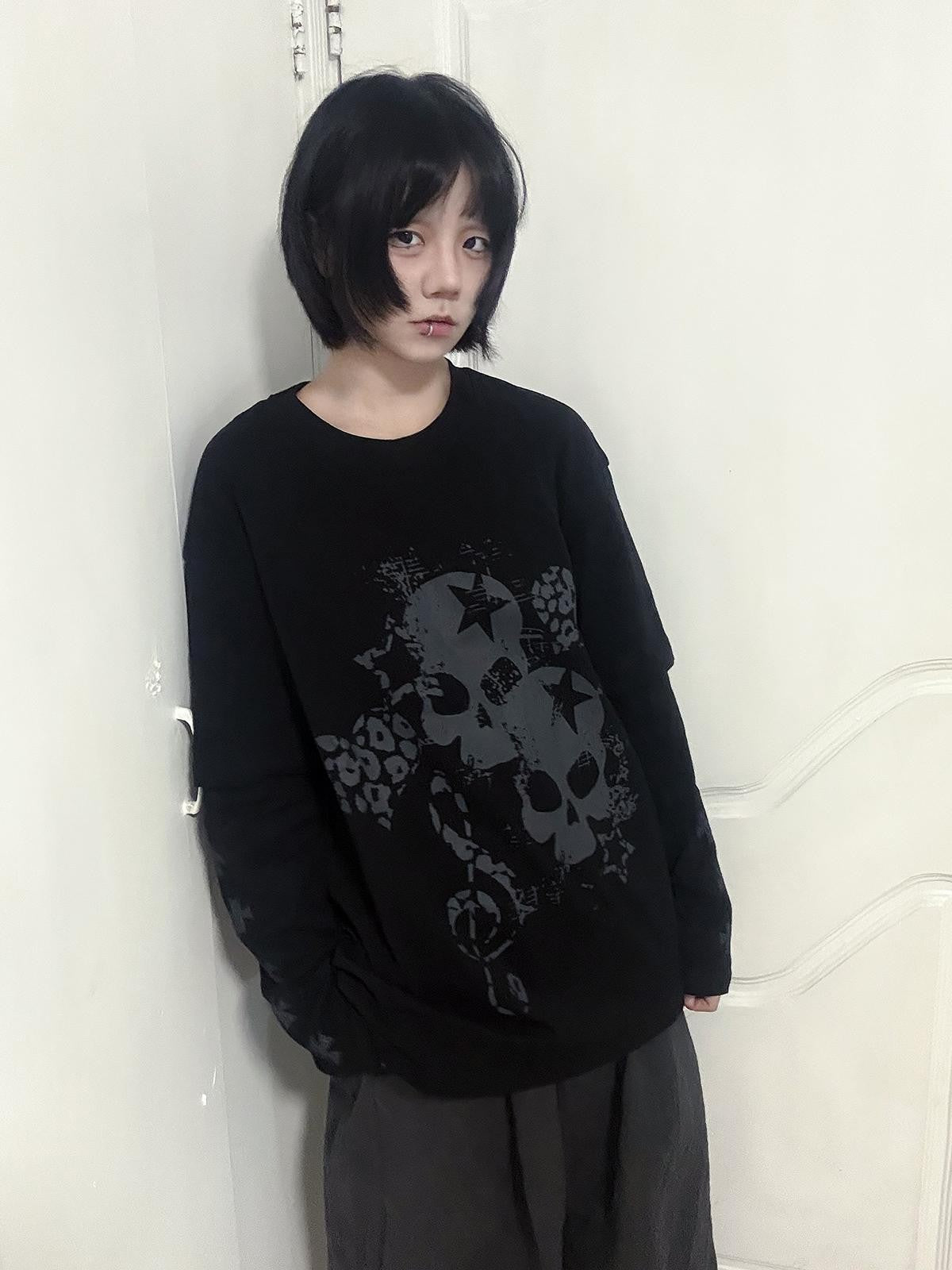 Alita26SS Loose Fit Print Faux Layer Watercolor Women's Cotton Long Sleeve T-shirts