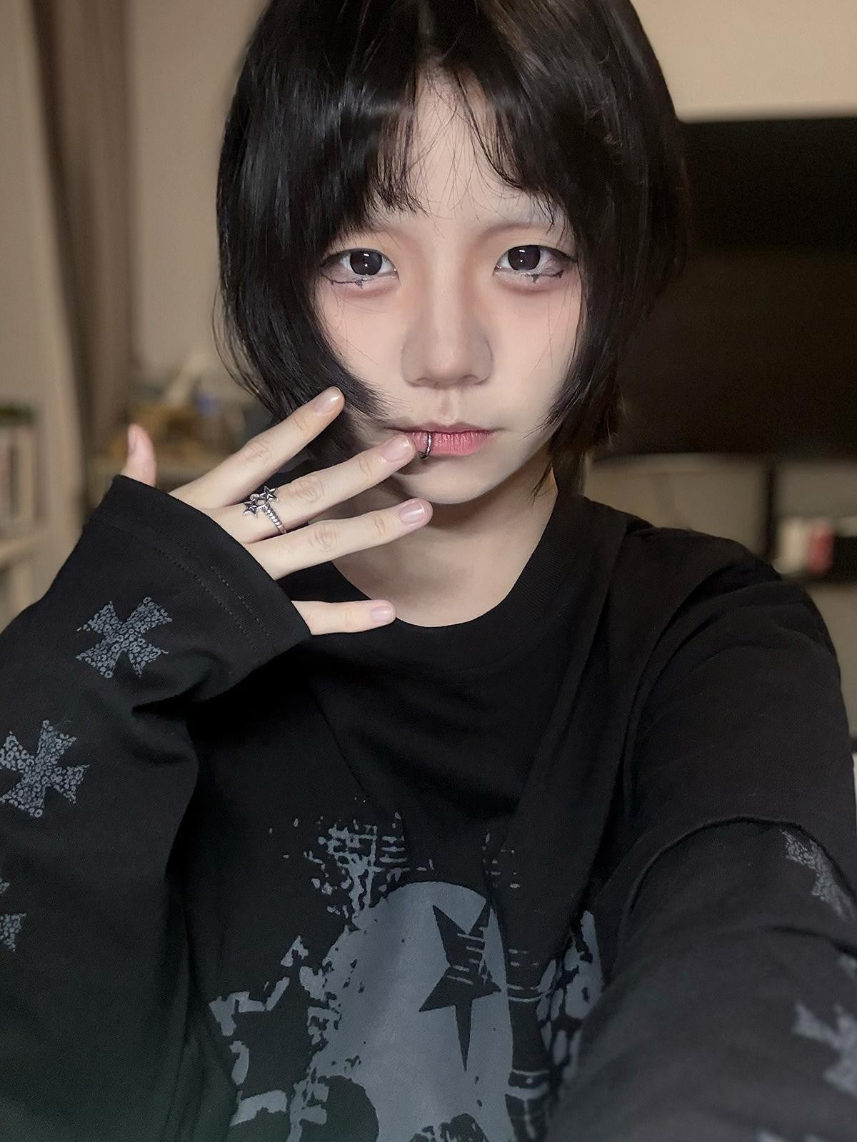Alita26SS Loose Fit Print Faux Layer Watercolor Women's Cotton Long Sleeve T-shirts
