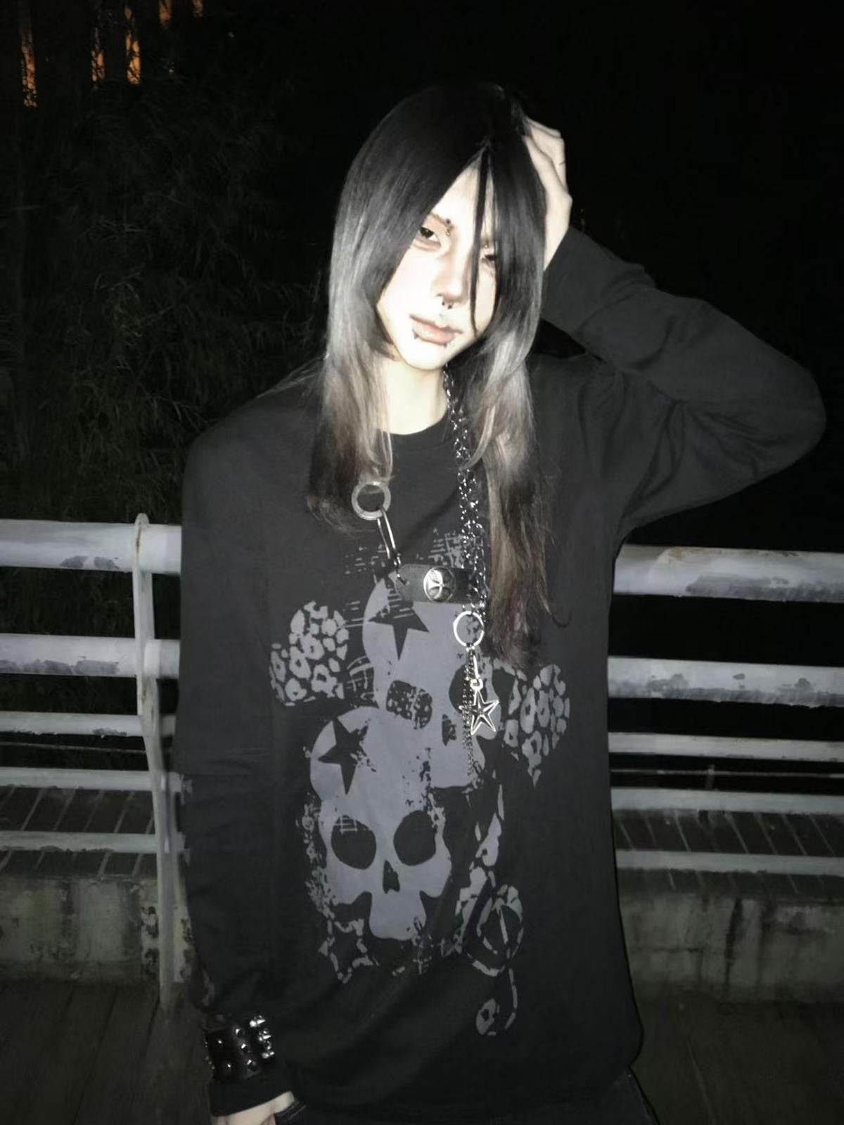 Alita26SS Loose Fit Print Faux Layer Watercolor Women's Cotton Long Sleeve T-shirts