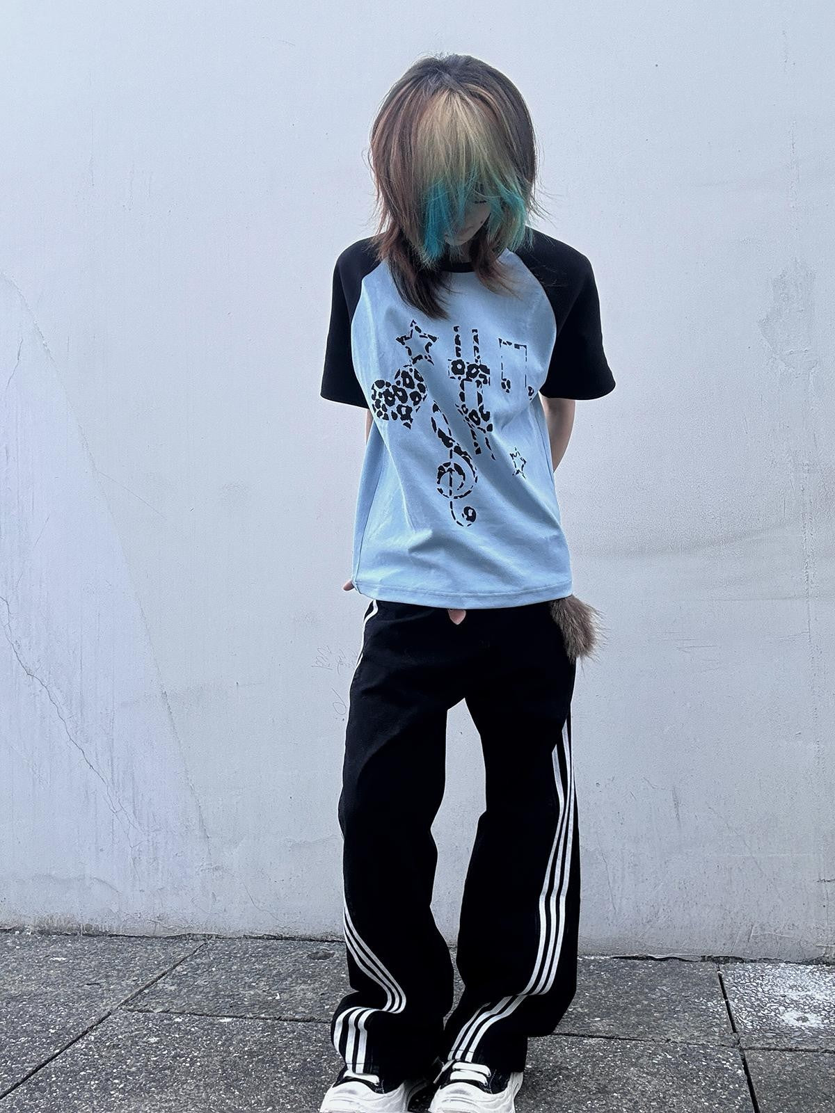 Alita26SS Loose Raglan Graffiti Print Cross Round Neck Cotton Women's Short Sleeve T-shirts