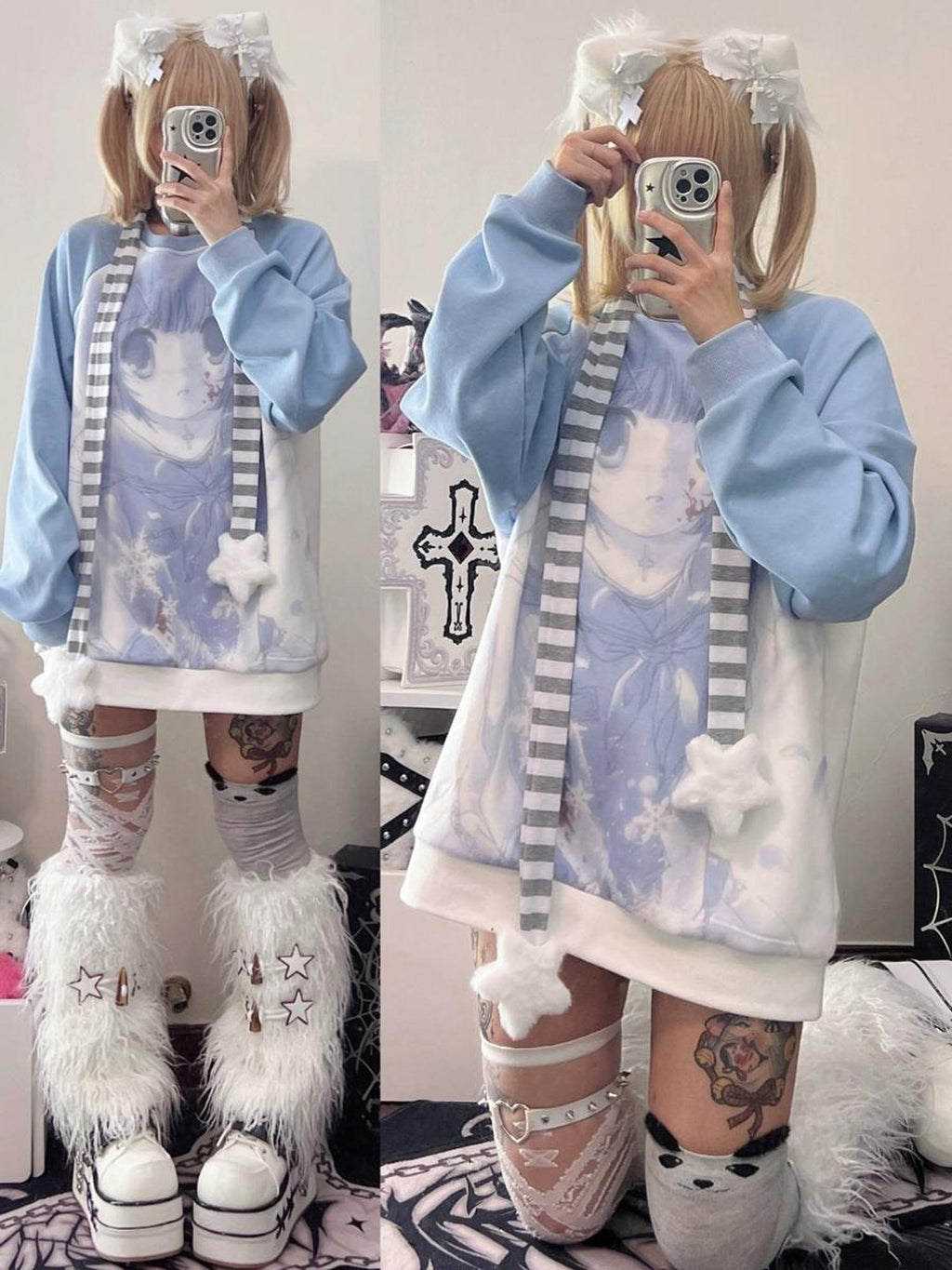 Alita26SS Oversized Raglan Sleeve Cartoon Anime Print Women's Cotton Sweatshirts