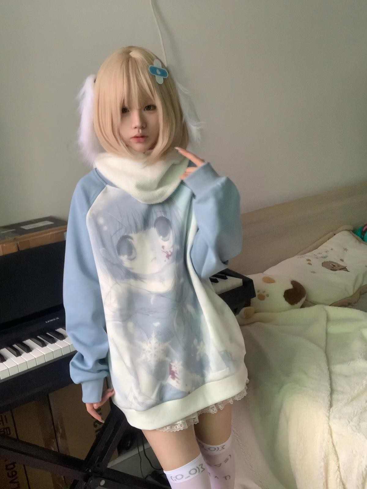 Alita26SS Oversized Raglan Sleeve Cartoon Anime Print Women's Cotton Sweatshirts