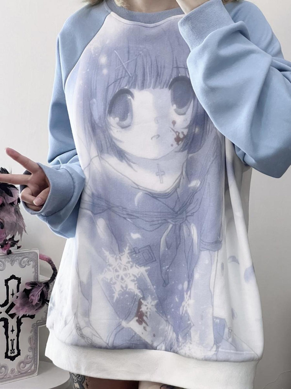 Alita26SS Oversized Raglan Sleeve Cartoon Anime Print Women's Cotton Sweatshirts