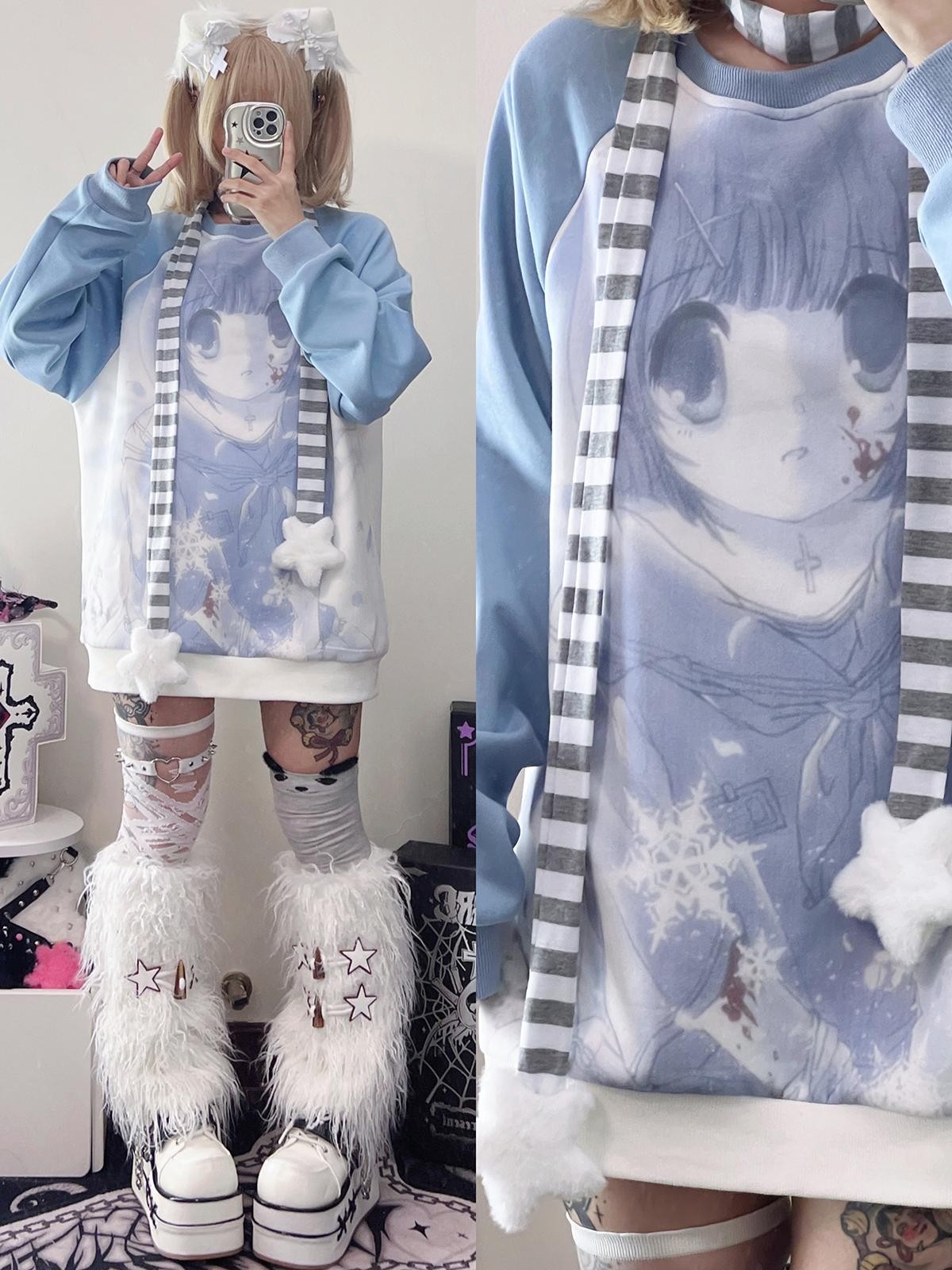 Alita26SS Oversized Raglan Sleeve Cartoon Anime Print Women's Cotton Sweatshirts