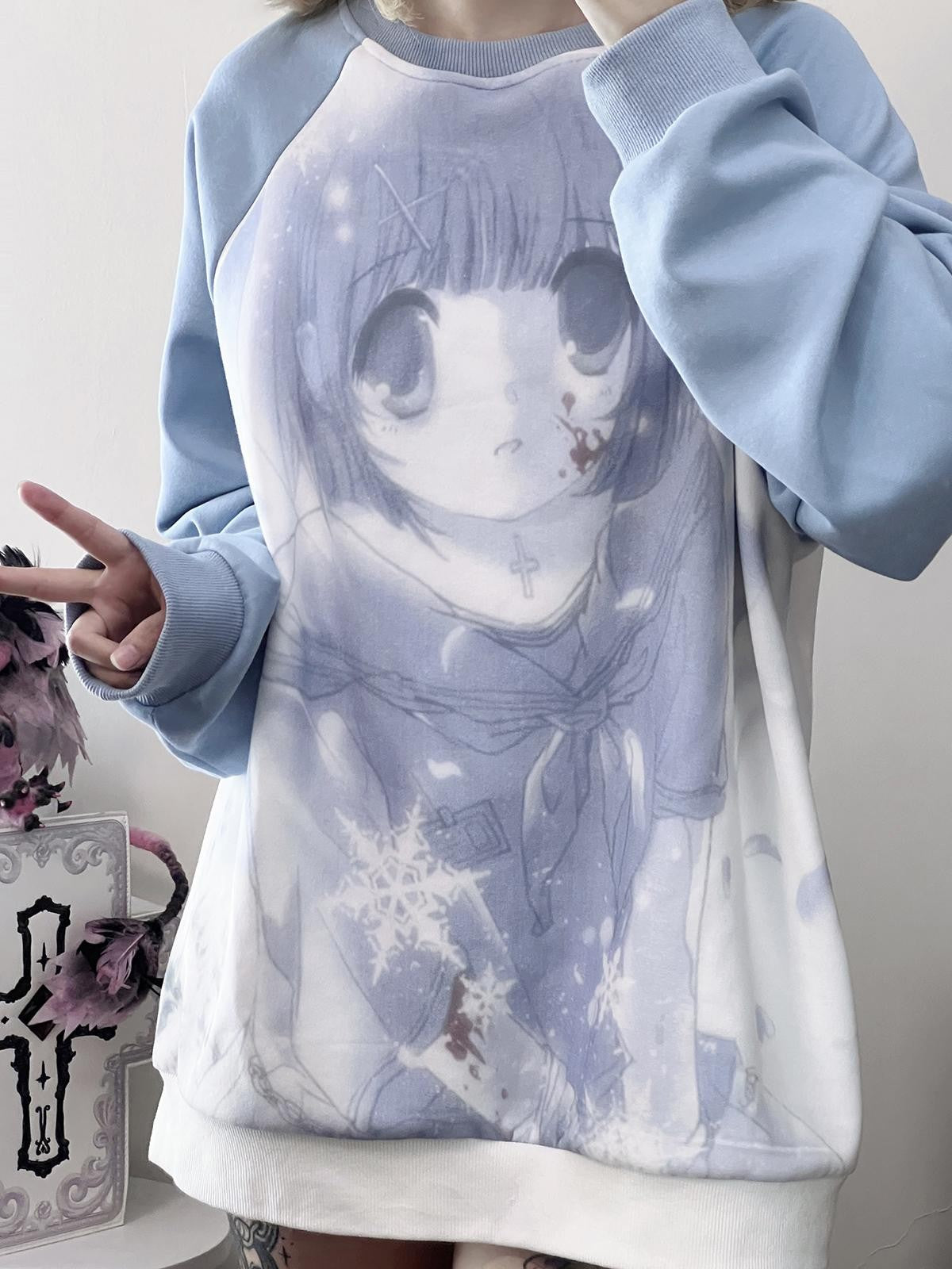 Alita26SS Oversized Raglan Sleeve Cartoon Anime Print Women's Cotton Sweatshirts
