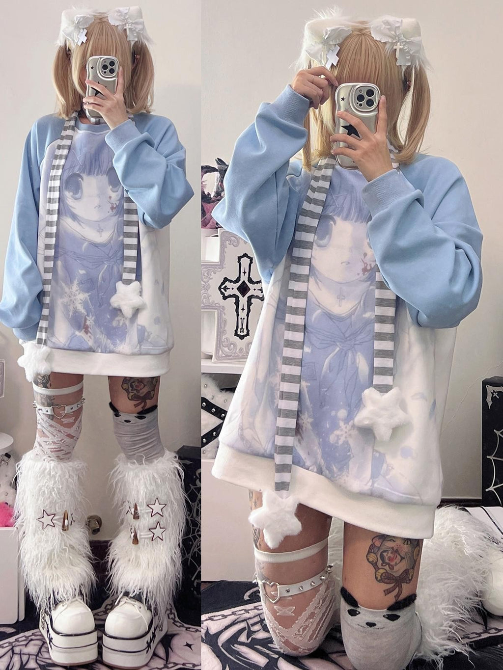 Alita26SS Oversized Raglan Sleeve Cartoon Anime Print Women's Cotton Sweatshirts
