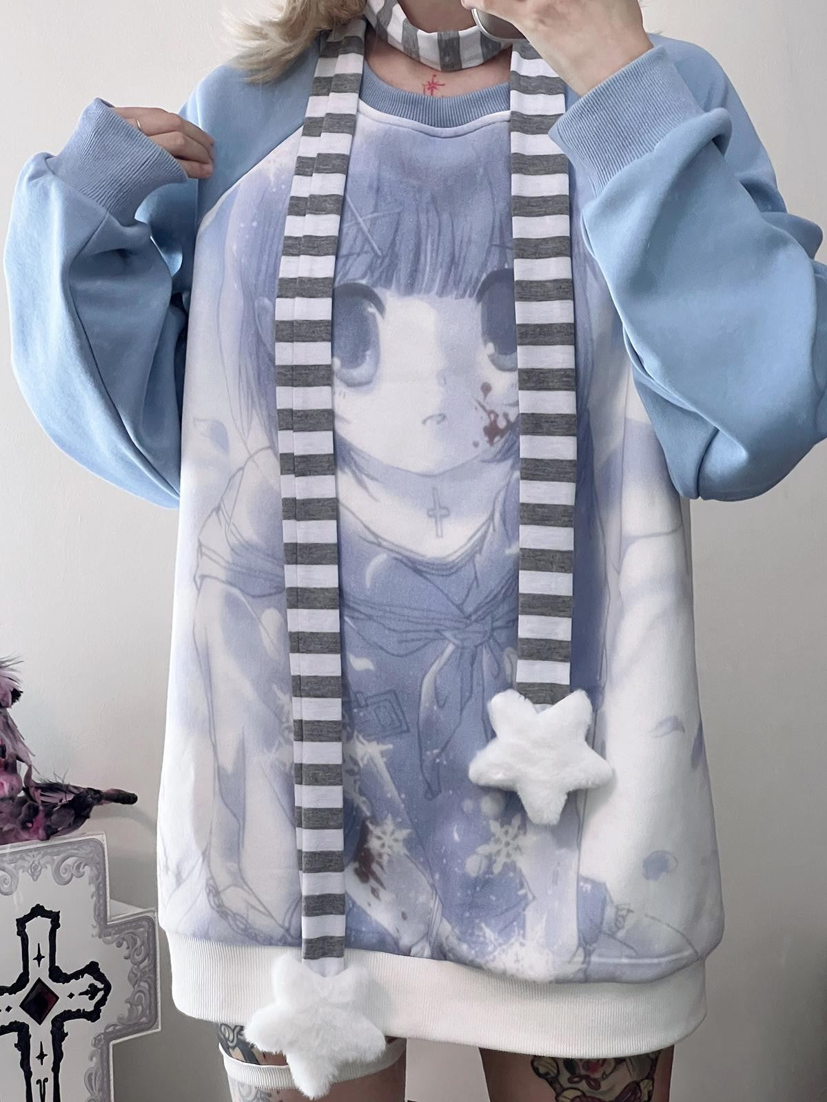 Alita26SS Oversized Raglan Sleeve Cartoon Anime Print Women's Cotton Sweatshirts