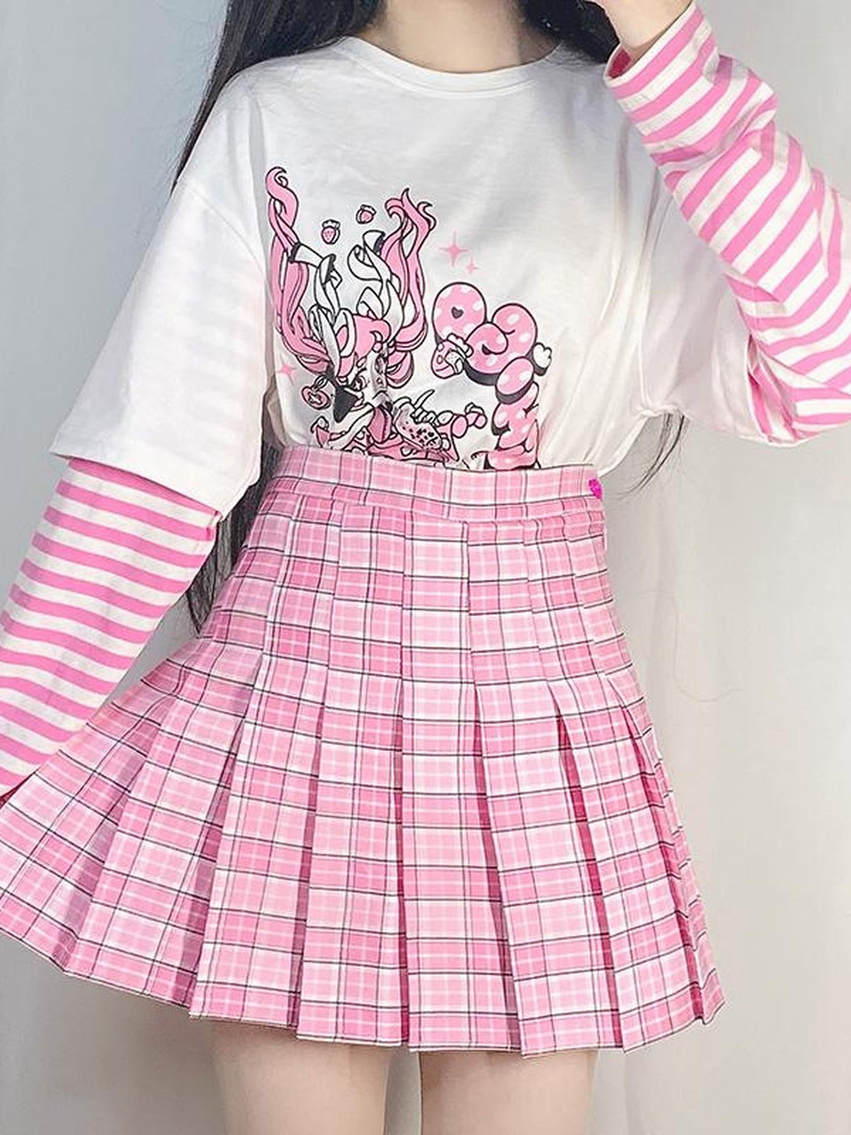 Alita26SS Pink Plaid High Waist A Line Pleated Skirts Women's
