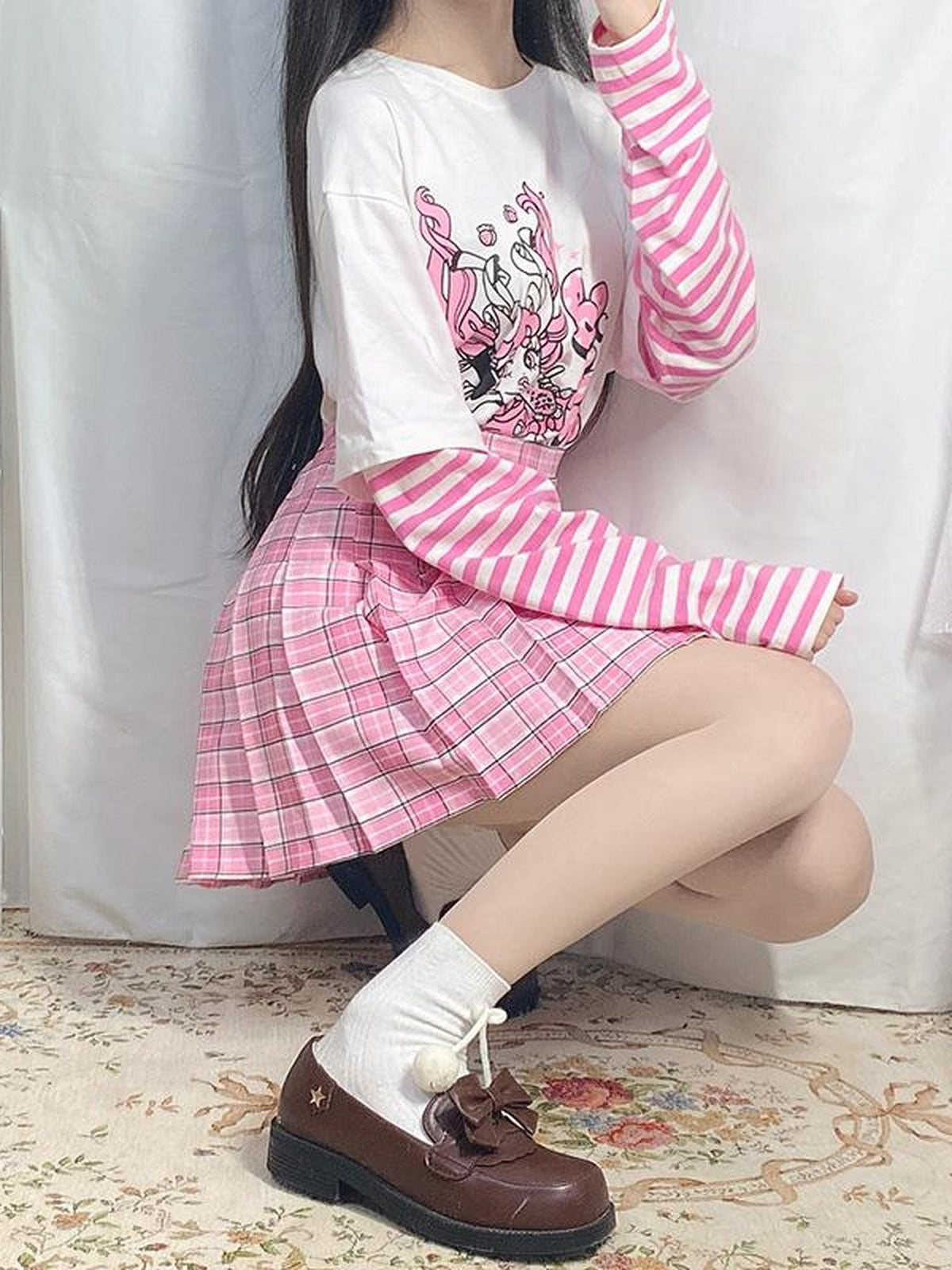 Alita26SS Pink Plaid High Waist A Line Pleated Skirts Women's