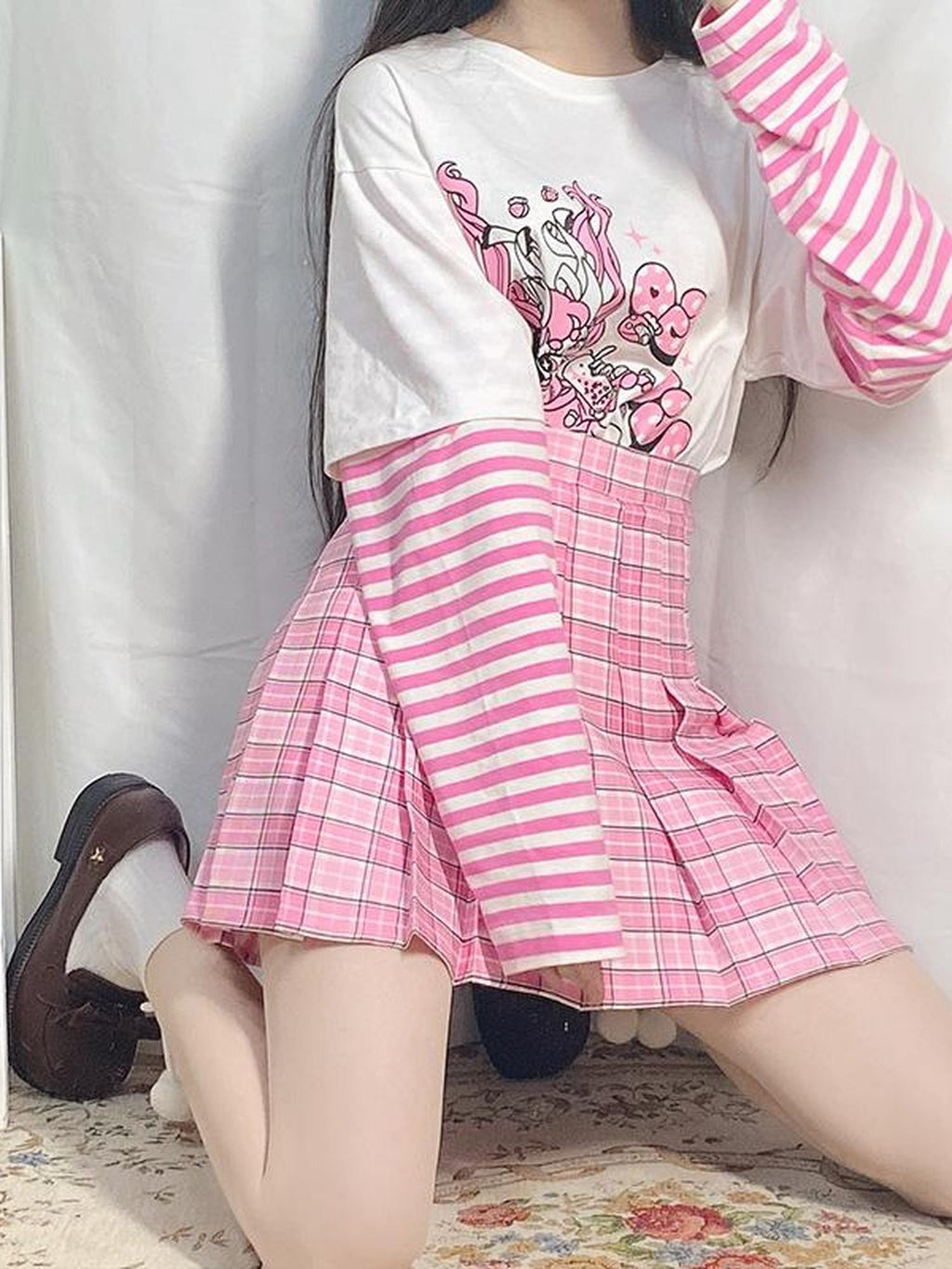 Alita26SS Pink Plaid High Waist A Line Pleated Skirts Women's