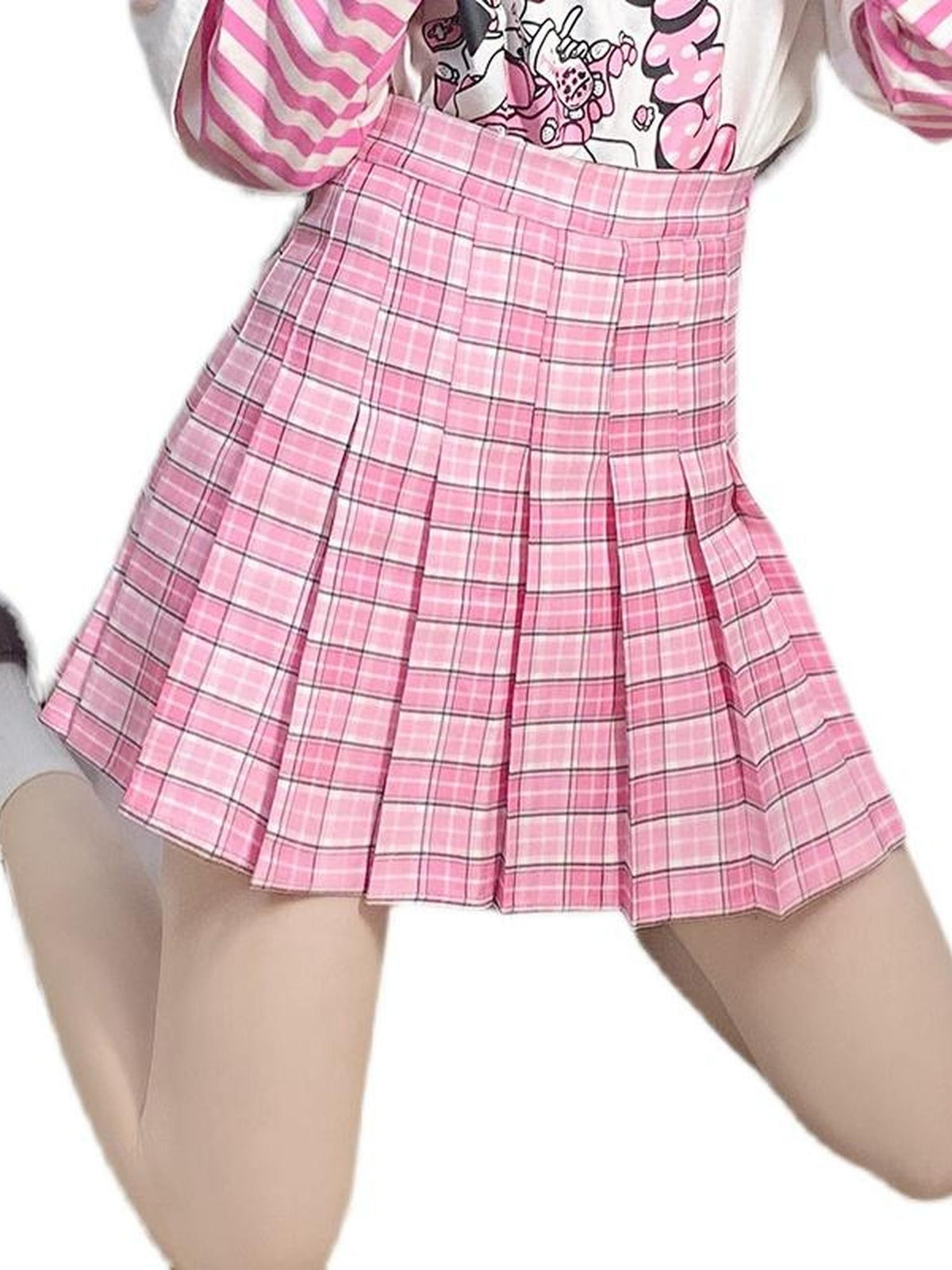 Alita26SS Pink Plaid High Waist A Line Pleated Skirts Women's
