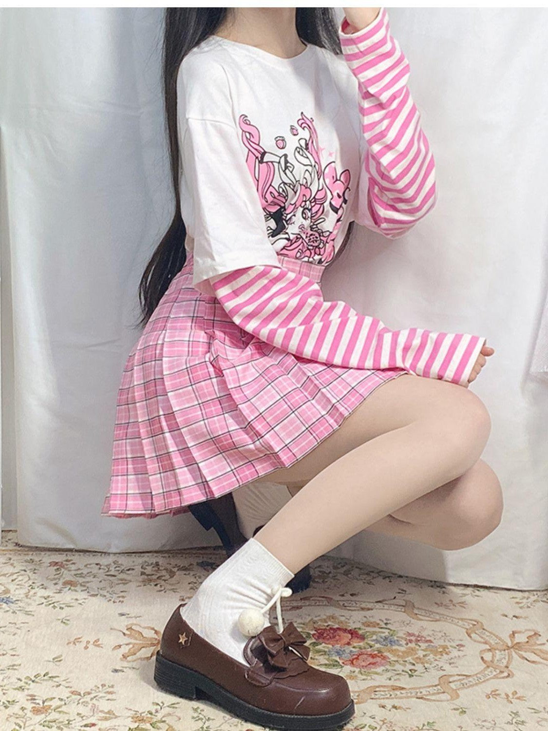 Alita26SS Pink Plaid High Waist A Line Pleated Skirts Women's