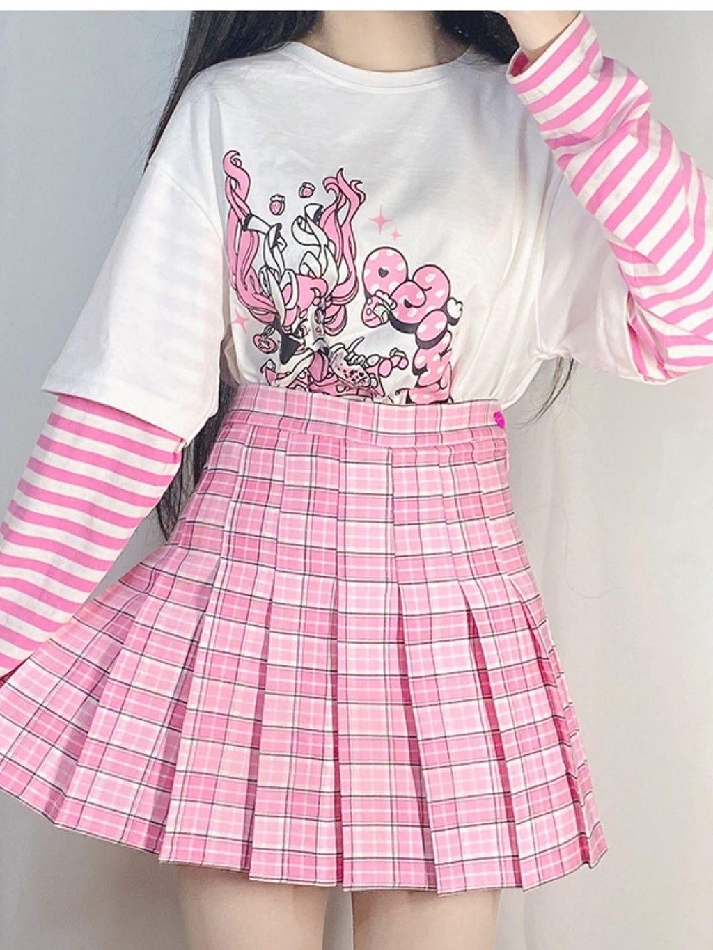 Alita26SS Pink Plaid High Waist A Line Pleated Skirts Women's